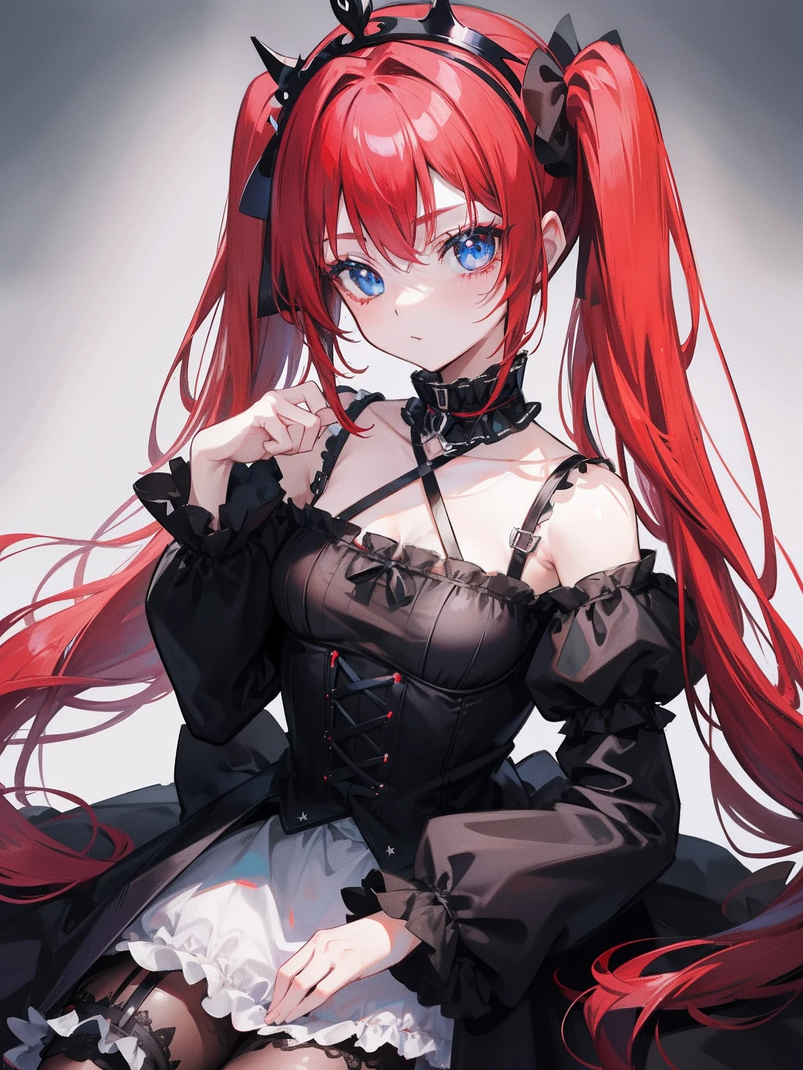 Red hair, Blue eyes, twintails, Goth Lolita, Darkgoth, Collar,Crown tiara,pride,solo,loli,Long hair,{{best quality}}, {{masterpiece}}, {{ultra-detailed}}, {illustration}, {detailed light}, {an extremely delicate and beautiful},little girl,cute,