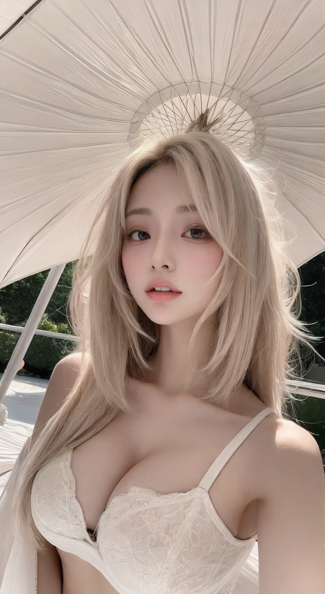 perfect figure beautiful woman：1.4，Layered Hair Style，Protruding cleavage：1.2，Tight bandeau，Highly Detailed Face and Skin Textur，Narrow eyes，二重まぶた，Whitens the skin，long whitr hair，holding a umbrella