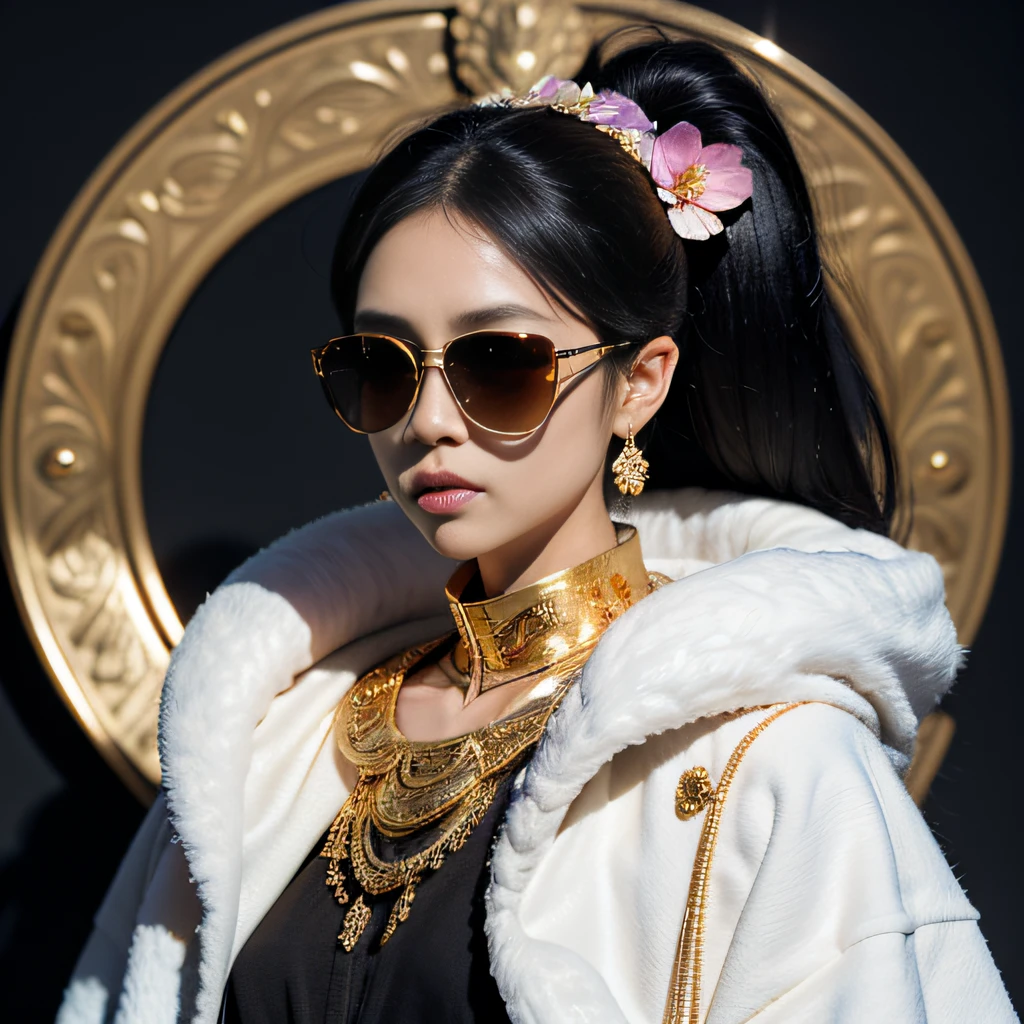 When it snows late at night，32K（tmasterpiece，k hd，hyper HD，32K）Purple-pink double ponytail，flower stick，Indigo Skull King ，Mahogany steering wheel （The skeleton is realistic：1.4），Crocodile pattern robe，Rusty skull ornaments，Sargin linen cloak，Petals flutter，Deep gold sunglasses，Hold your head high，Be proud，The nostrils look at people，A primary and secondary school student， A high resolution，Xueba， the detail， RAW photogr， Sharp Re， Nikon D850 Film Stock Photo by Jefferies Lee 4 Kodak Portra 400 Camera F1.6 shots, Rich colors, ultra-realistic vivid textures, Dramatic lighting, Unreal Engine Art Station Trend, cinestir 800，Hold your head high，Lateral face，Be proud，The nostrils look at people，Tsundere，Petals flutter，Petals flutter，Crocodiles sprinkled with gold dust，Fluttering，Impeccable，( reasonable design, Clear lines, High sharpness,Best quality, Very detailed skeleton, The skeleton of a masterpiece, offcial art, movie light effect, 8K crocodile skeleton（（（Platinum marble sunglasses）））Deep gold sunglasses，side portrait