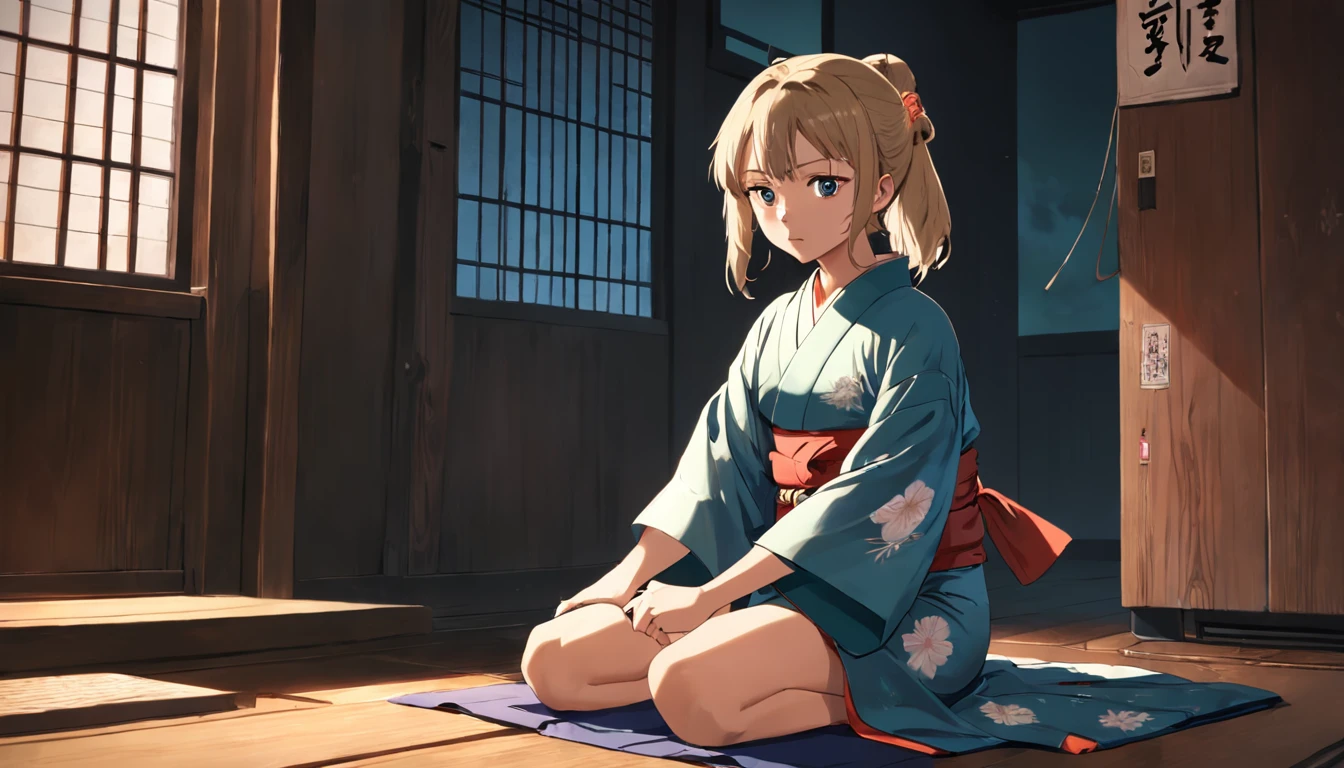 A blonde-haired caucasian adult queen without panties is punched in a Japanese-style school with tatami mats. no panties, high-socks, reality, masterpieces, cute, beautiful, slender, knee-high socks, Emotionless look on her face, beautiful pussy, slit