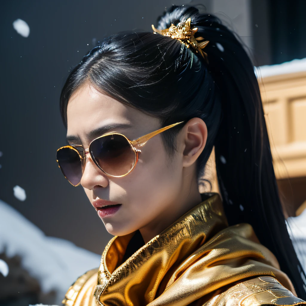 When it snows late at night,32K(tmasterpiece,k hd,hyper HD,32K)Purple-pink double ponytail,flower stick,Indigo Skull King ,Mahogany steering wheel (The skeleton is realistic:1.4),Crocodile pattern robe,Rusty skull ornaments,Sargin linen cloak,Petals flutter,Deep gold sunglasses,Hold your head high,Be proud,The nostrils look at people,A and secondah resolution,Xueba, the detail, RAW photogr, Sharp Re, Nikon D850 Film Stock Photo by Jefferies Lee 4 Kodak Portra 400 Camera F1.6 shots, Rich colors, ultra-realistic vivid textures, Dramatic lighting, Unreal Engine Art Station Trend, cinestir 800,Hold your head high,Lateral face,Be proud,The nostrils look at people,Tsundere,Petals flutter,Petals flutter,Crocodiles sprinkled with gold dust,Fluttering,Impeccable,( reasonable design, Clear lines, High sharpness,Best quality, Very detailed skeleton, The skeleton of a masterpiece, offcial art, movie light effect, 8K crocodile skeleton(((Platinum marble sunglasses)))Deep gold sunglasses,side portrait