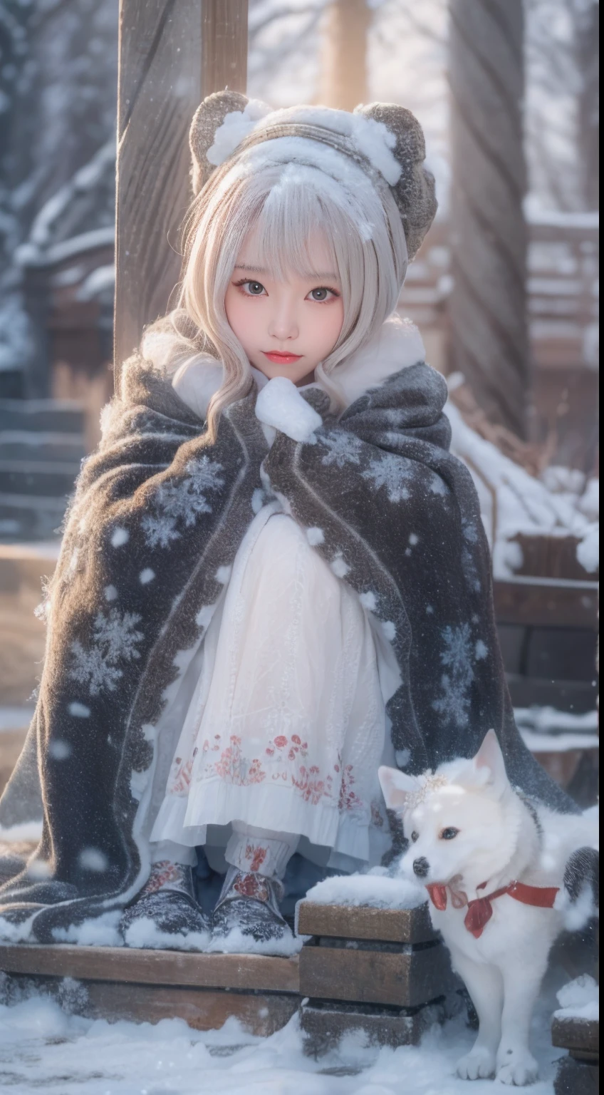 ((Works of masters)),(超高分辨率),1 girl,Glowing eyes,sad expressions,Cover your face with your hands, Sitting, ta costume,Cloak (Snow, Outdoor activities in winter:1.2),