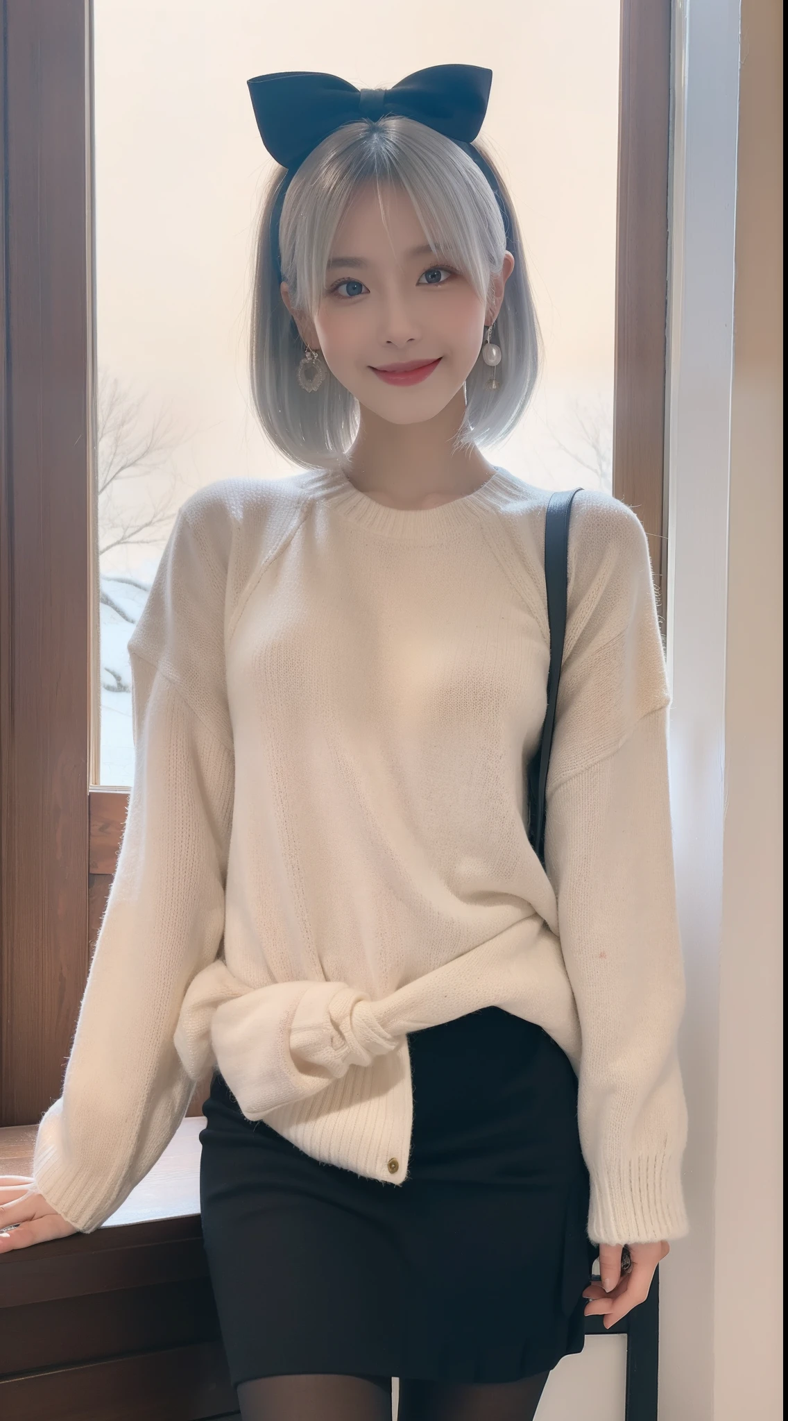 (true to life,Photorealistic 1.5),((best qualtiy, 8K, tmasterpiece:1.3)),SLR camera (二重まぶた,largeeyes:1.3),(smile1.5),(Full body photo 1.5)(One person 1.5)Clear focus 1.2, Perfect body beauty:1.4 , Delicate skin1.1,(Short silver-white hair 1.6),(Fashion watch 1.4),(Pure desire 1.3)(Black pantyhose 1.5)(The leg length is 1 meter 21.5),Slender legs,Slender legs,Single room sweater,Bow knot,pleatedskirt,With earrings,bangle,Winters,Oyuki,Snow-capped streets