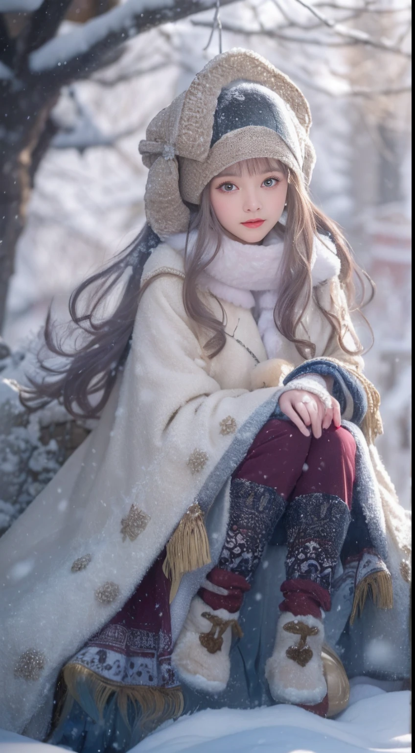 ((Works of masters))，(超高分辨率)，1 girl, Sitting, Lolita costume，Cloak (Snow, Outdoor activities in winter:1.2),Outside the castle，8K，Detailed details，mirth，