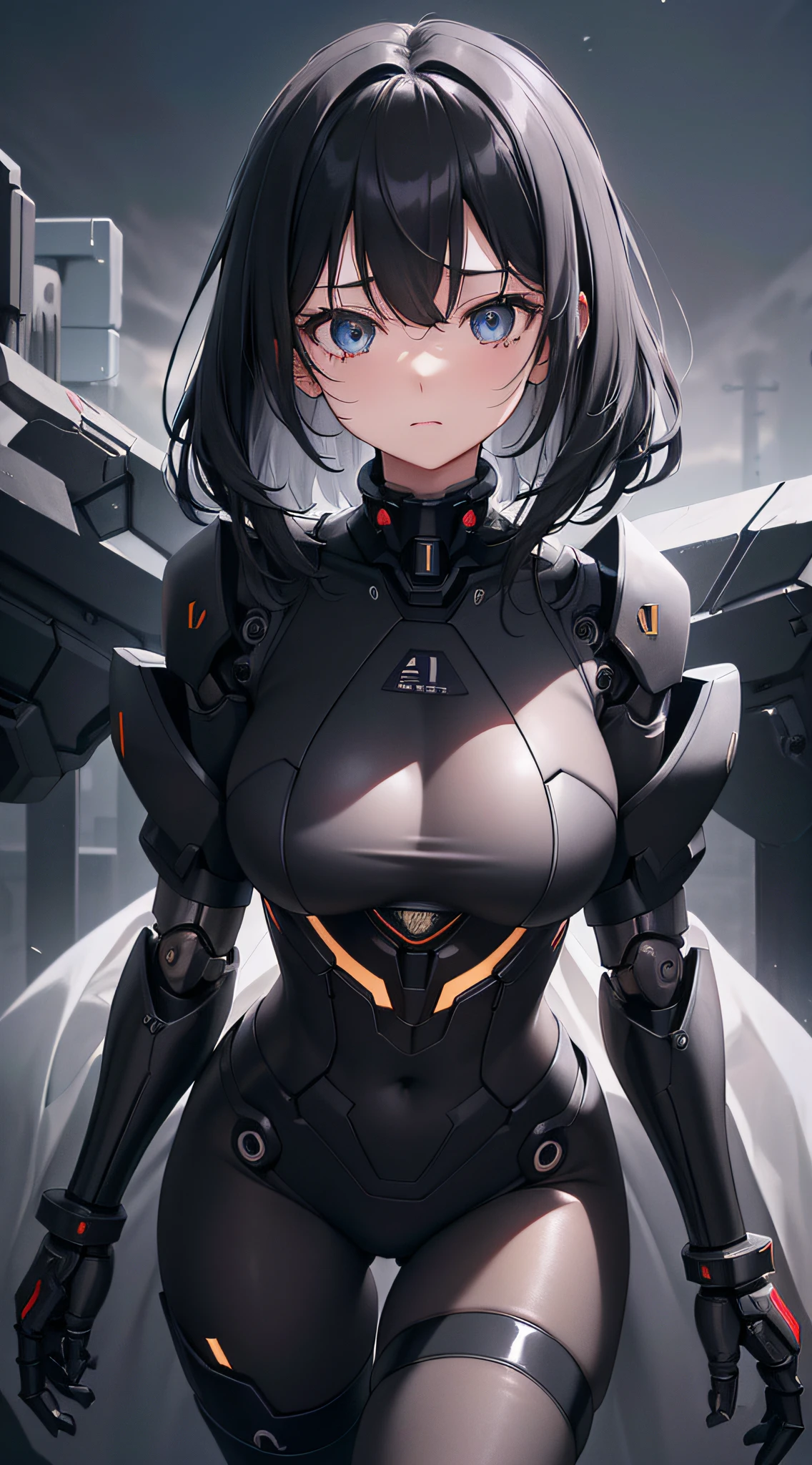 top-quality、Top image quality、masterpiece、Mecha Girl((18year old、Black and gray mechanical parts、Robot joints,Black tights,Bust 100、A dark-haired、Staring at the viewer、Breasts wide open,Large valleys、、Blue Eye、Dye cheeks、fighting poses))hiquality、depth of fields、Background with((World of the Apocalypse、Black sky))、Depth((planet earth))
