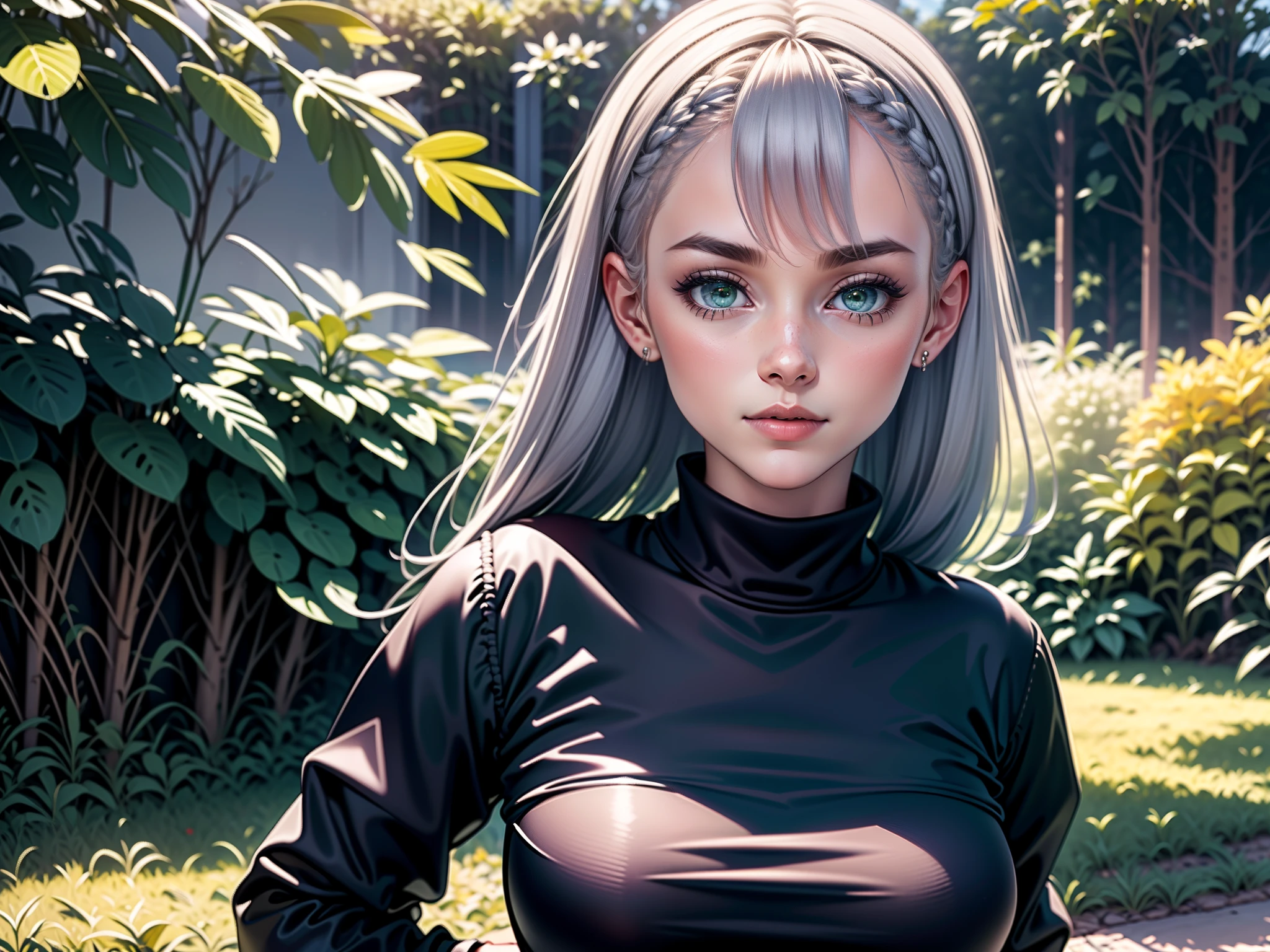 (master part: 1.2), (best quality: 1.2), (altamente detalhado: 1.3), (detalhes intrincados), Altas, best illustration, perfect lighting, Floresta, Cores frias, sunlight, raios solares na floresta, monstros guerreiros, Brisa do vento, corpo inteiro, tiro de corpo inteiro, Detalhes perfeitos do rosto, Olhos detalhados, Antecedentes detalhados, Realistic photo, (foco nítido: 1.2), ((Looking at camera: 1.2)), sozinho, 1 girl, Mulher Ninja, oni ninja mask, mouth mask, Anatomia humana perfeita, pernas perfeitas, perfect arms, rosto perfeito, ((realistic hands: 1.3)) cabelos longos platinados, crown braid in hair, roupas femininas, roupa ninja sexy, pequena armadura, saia de couro, sentir garter, luvas pretas com detalhes dourados, decote chamativo, looking seductive, linhas corporais sensuais, human hands, corpo feminino atraente, (uniforme ninja elegante e sexy: 1.2), Bota Feminina, Duro , mulher com boca fechada, Green Iris, Olhando para o Viewer, perfect lighting, Epic Realism