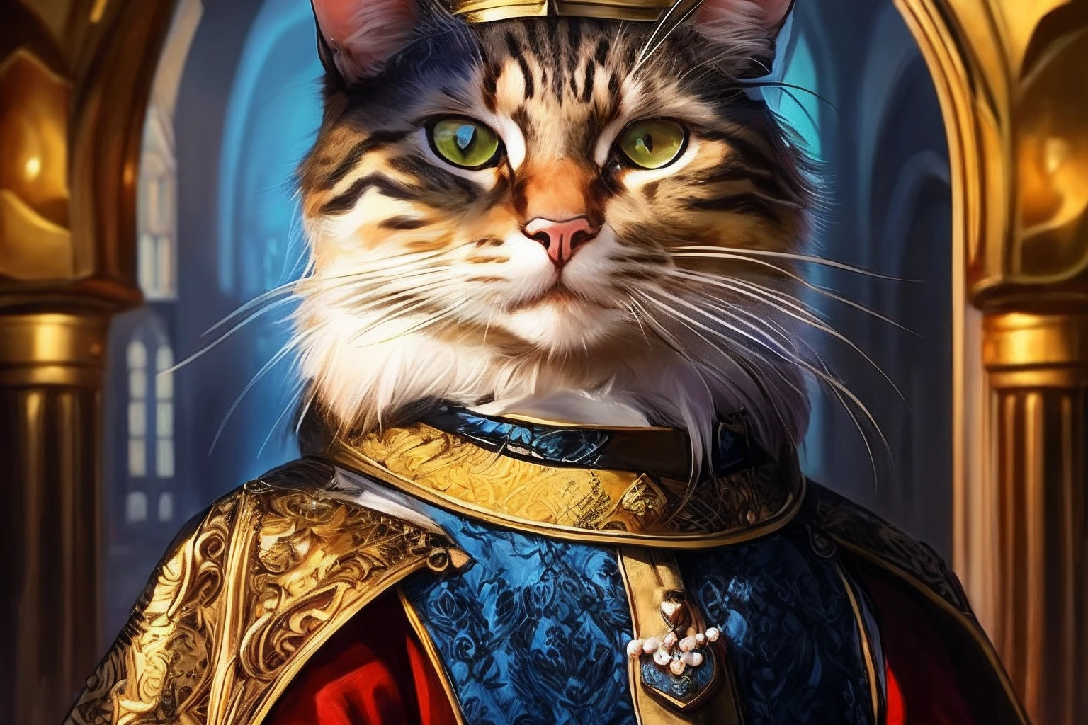 gato de araffe vestindo uma coroa e um manto azul, Majestade em roupas nobres, Retrato real, retrato de um velho rei medieval, retrato do velho rei medieval, retrato de um rei, gato elegante, O Cavaleiro da Armadura do Gato Dourado, Velho Rei Medieval, anthropomorphic cat, Cheque blindado, beautiful animal pearl queen, Retrato imperial, anthropomorphic female cat