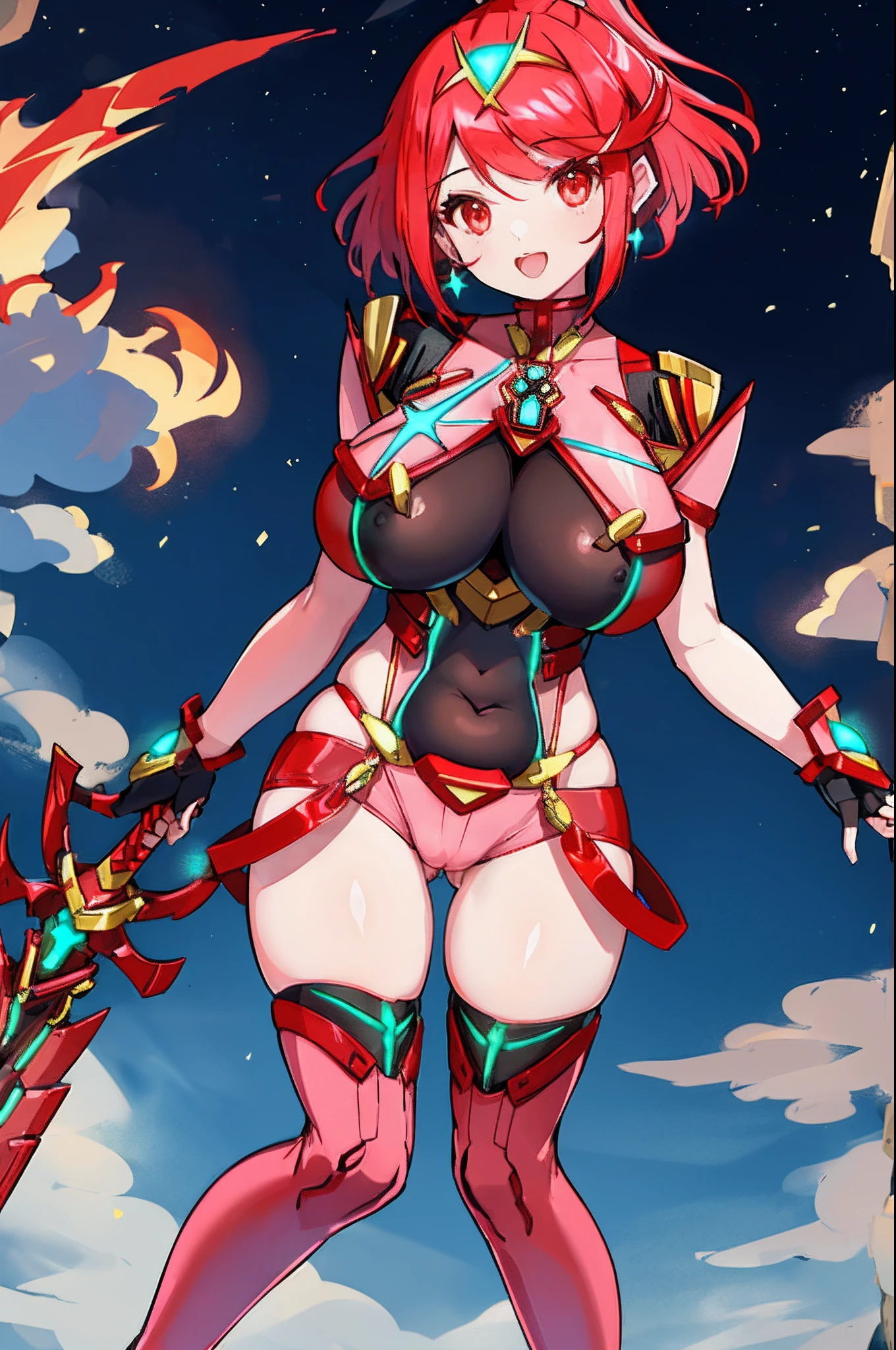 pyra \(xenoblade\), _1girl, loliarmor, bangs, black gloves, breasts, red eyes, light_open_mouth, earrings, eyelashes, fingerless gloves, floating hair, framed breasts, gem, gloves, hair ornament, headpiece, jewelry, big_breasts, leaning back, leotard, neon trim, official art, pose, red hair, red shorts, saitou masatsugu, short hair, short shorts, short sleeves, shorts, sidelocks, skin tight, solo, standing, swept bangs, thighhighs, tiara, night_prairie_background, turtleneck, underbust, vambraces, xenoblade chronicles \(series\), (xenoblade chronicles 2), (spread_legs:1.1), fire_effect,dynamic_pose,fighting,light_smile, (plump:1.4), big_ass,huge_sword, hold_large_sword_hilt, scovered_nipples, (covered_pussy:1.2),cameltoe,back_view, fists,ponytail,plump,beautiful_fingers,(solo:1.1),