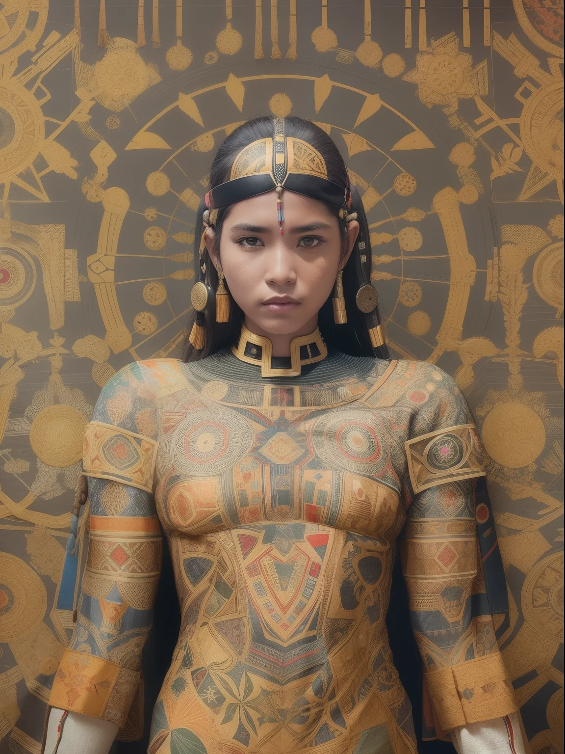 A photograph that echoes the aesthetics of ancient Inca fabrics, representing a cyborg with patterns that imply a connection to a cosmic AI network, estilo cru