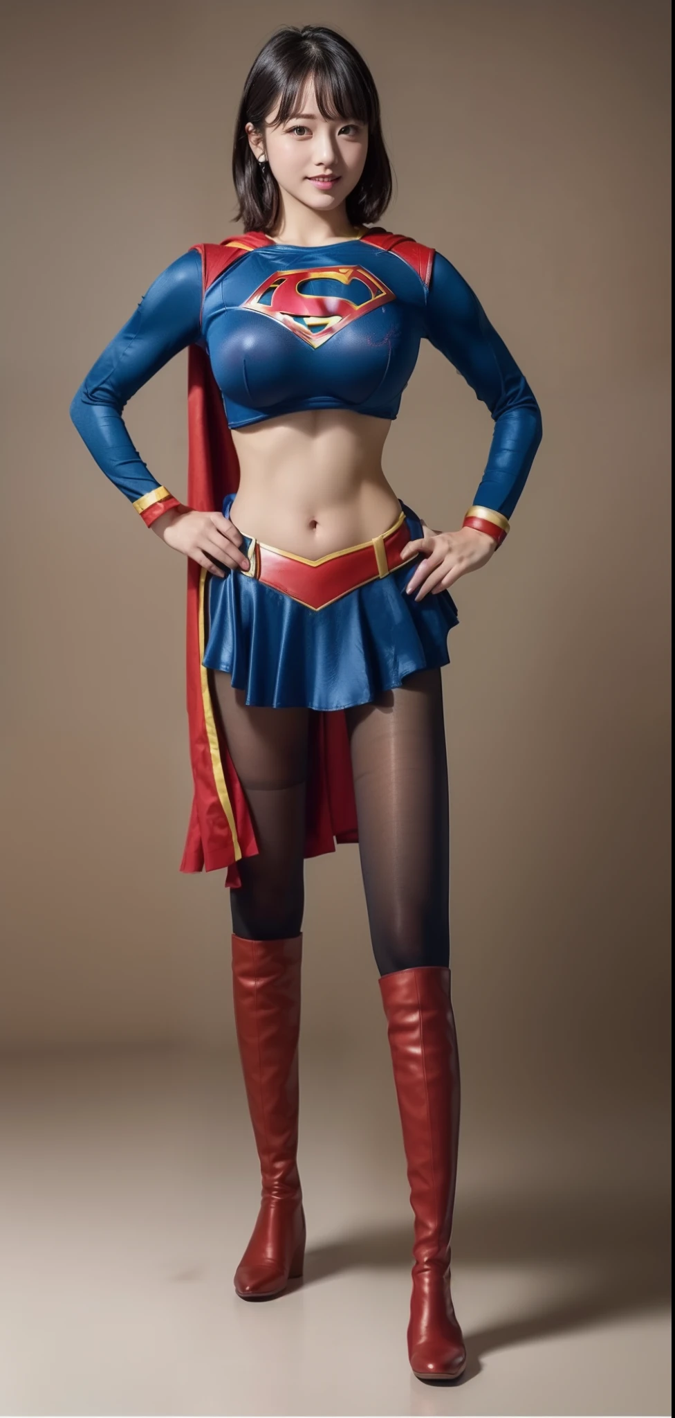 (((Make the most of the original image)))、(((Be sure to wear black tights)))、(((Supergirl Costume)))、(((short-cut、lustrous dark hair)))、(((Be sure to wear red boots)))、((Top image quality、8K))、((top-quality、8K、​masterpiece:1.3))、Crisp focus:1.2、Beautiful woman with perfect body shape:1.4、Slender Abs:1.2、((layers-Cut、large boob:1.2))、a wet body:1.5、Highly detailed facial and skin texture、