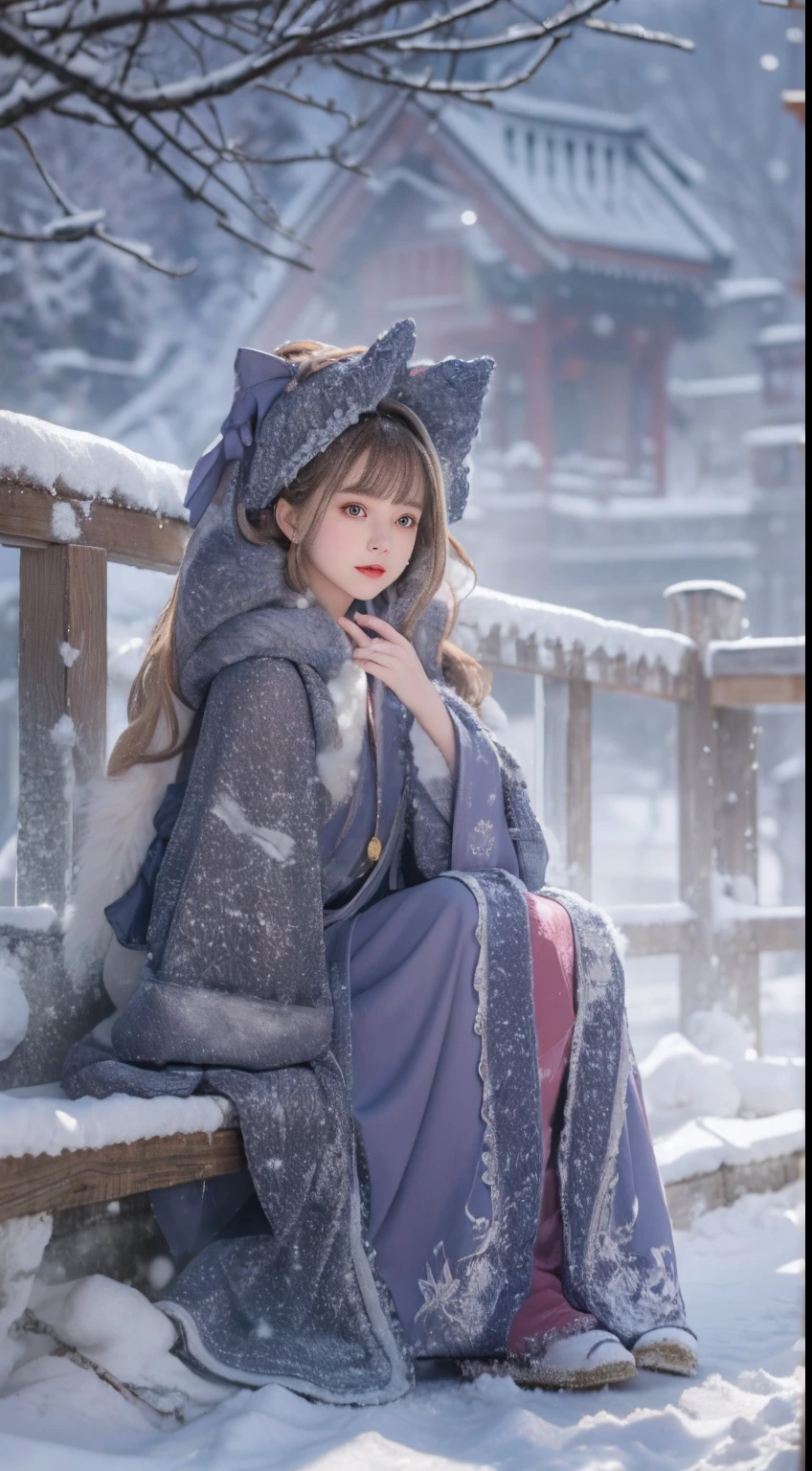 ((Works of masters)),(超高分辨率),1 girl, Sitting, ta costume,Cloak (Snow, Outdoor activities in winter:1.2),Outside the castle,8K,Detailed details,mirth,