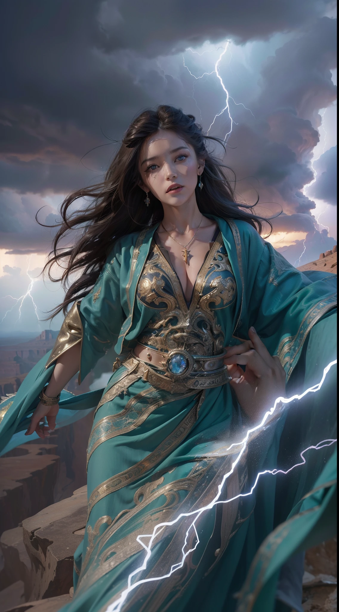(((UHD))), (((masterpiece))), (((8k))), (((highres))), (((Surrealism))), (((cinematic lighting))), god rays, zoom layer, (((cowboy shot))), f/4.0, Canon, shiny skin,detailed skin,detailed face, detailed eyes, Storm goddess, At the summit of a massive canyon, Around the wind is blowing fiercely, hair resembling the colors of wind and lightning, robe resembling the swirling of a storm, robe adorned with lightning discharge patterns, Storm swirl pendant, lightning bolt earrings, Clouds looming like a storm, a scene with thunder roaring