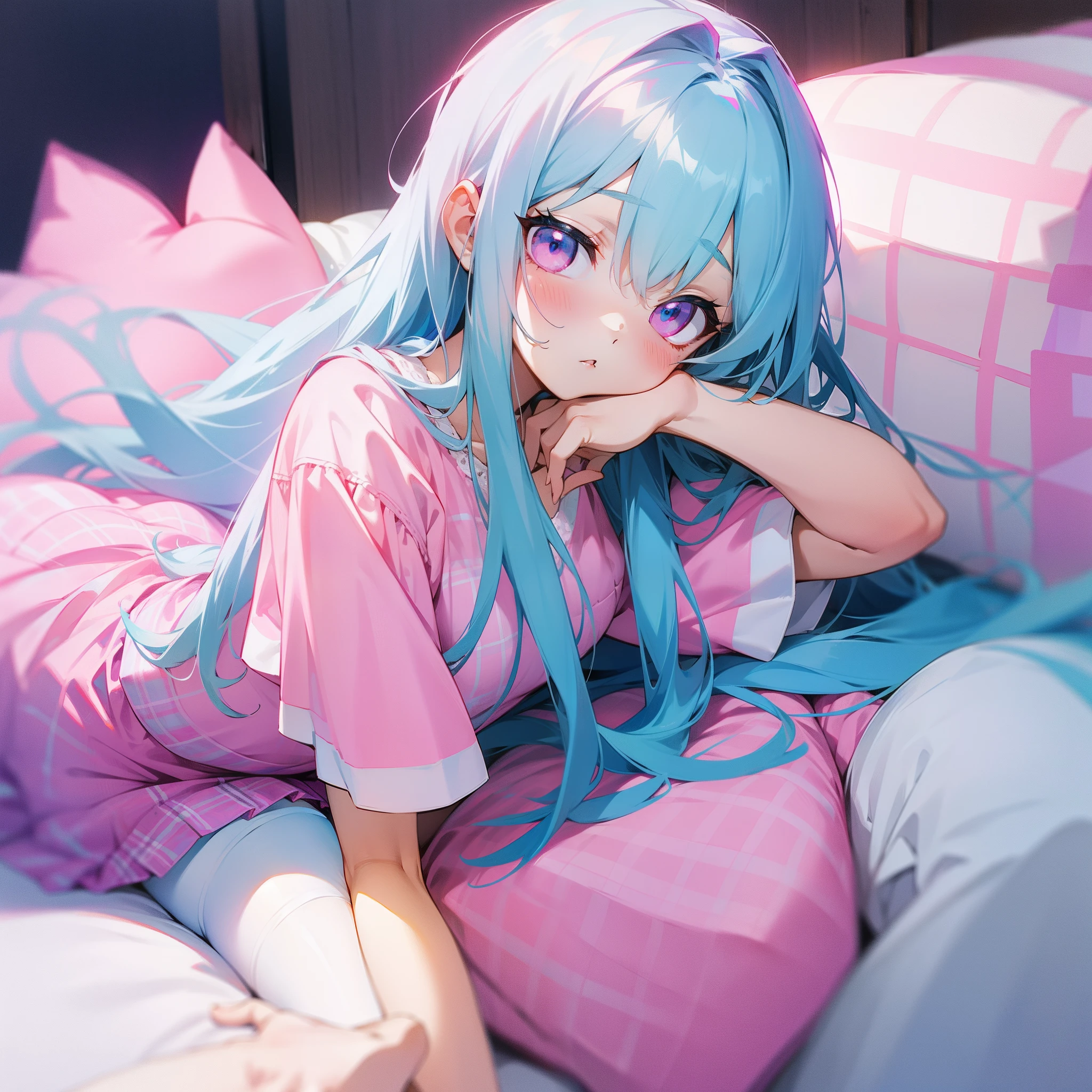 long blue hair,Pink eyes,adorable expression,Pink and white plaid short sleeves,White fluffy skirt,white stockings,Sit on a soft cushion,tilts your head