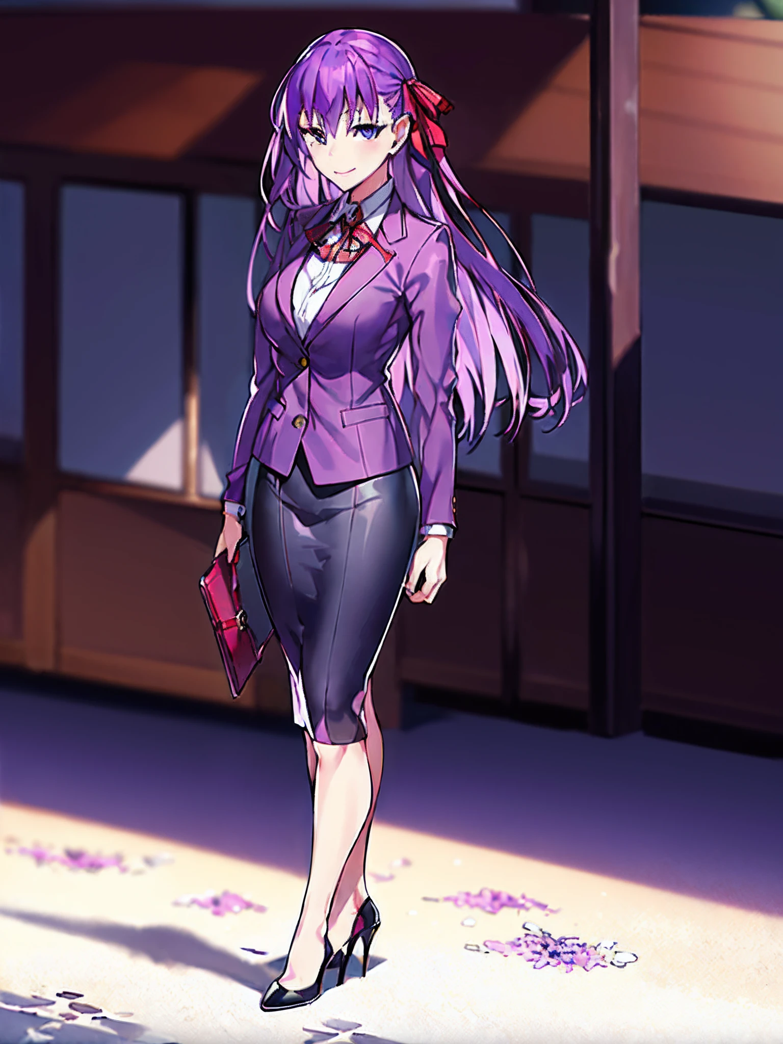 high res, masterpiece,Sakura Matou,fate, purple hair, solo, 1girl,outside,deatailed background, detailed eyes, business suit, blazer, pencil skirt, high heels, full body