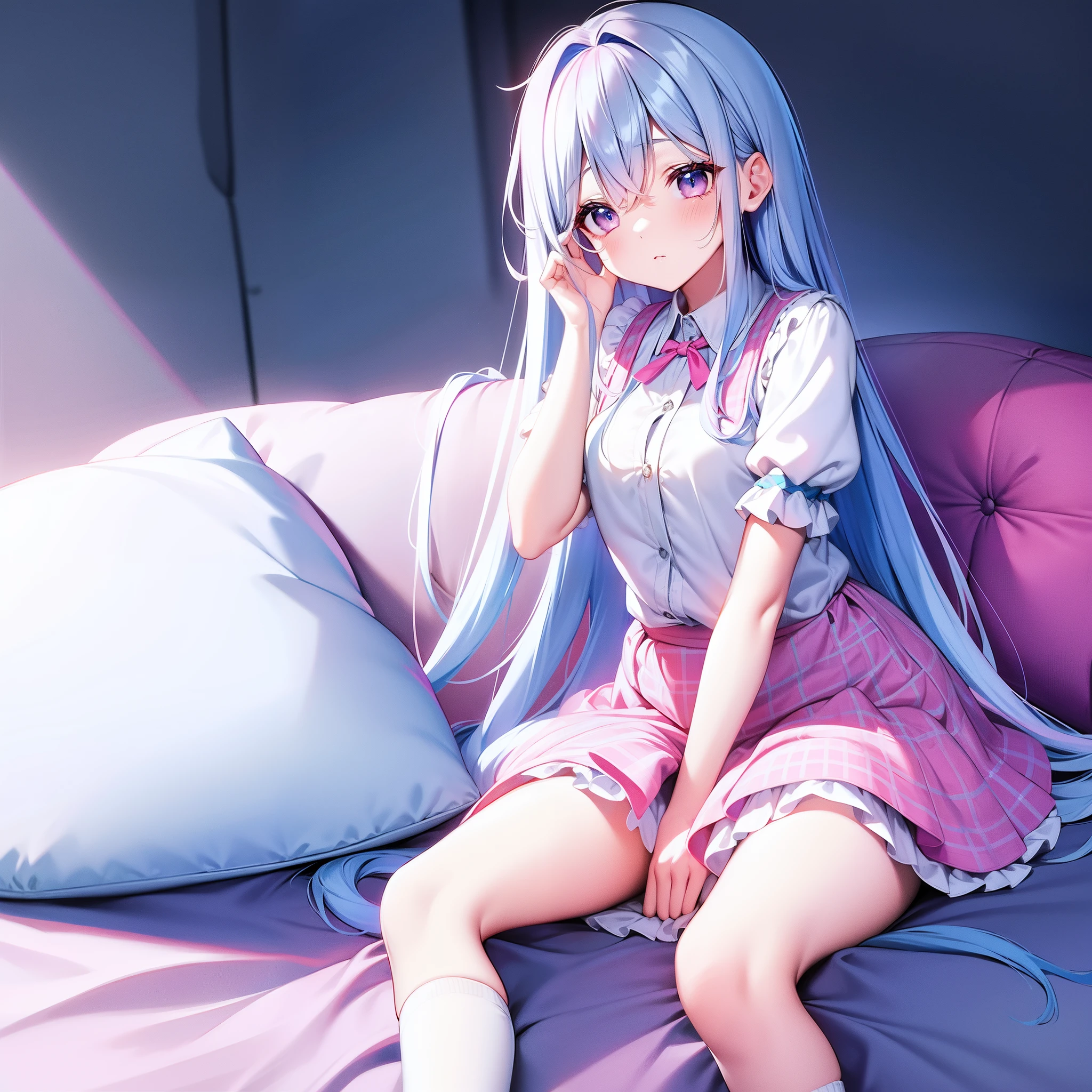 make hot cute white hair gamergirl with white bunny ears band, blue eyes, in her white and light pink princess room, make her full dressed in white skirt and high socks