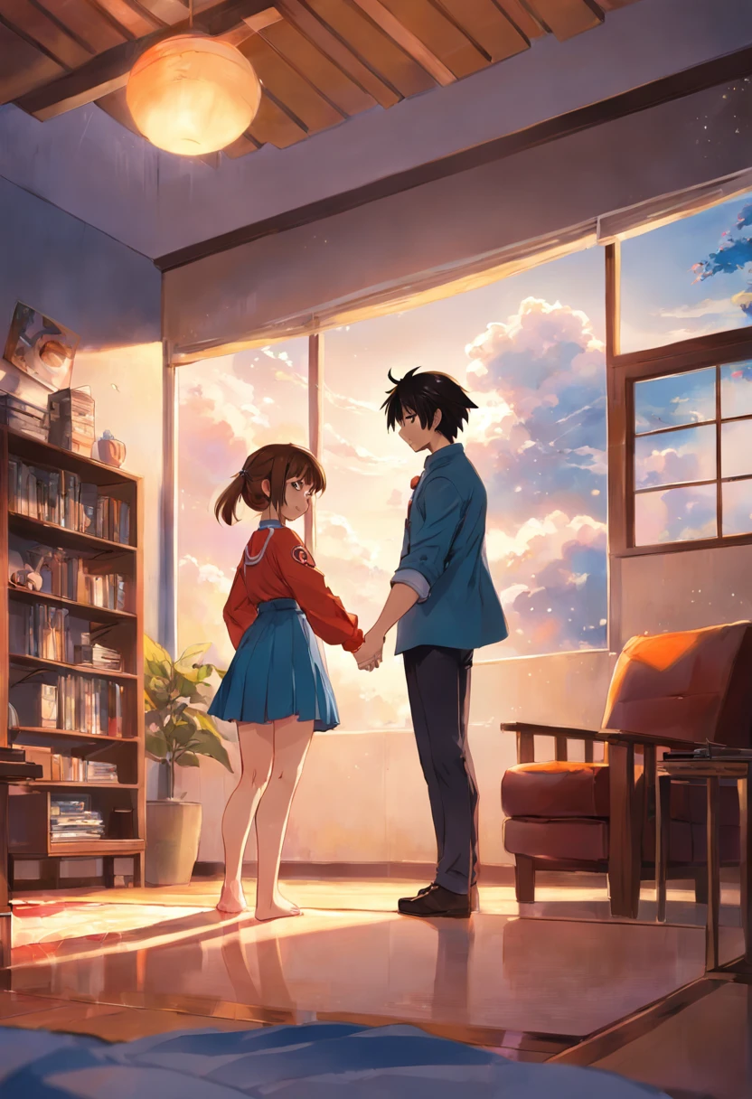 anime - style illustration of a man and woman holding hands in a living room, in anime style, in an anime style, high quality fanart, lovely couple, official fanart, in the art style of 8 0 s anime, fiona staples and makoto shinkai, sakimichan and frank franzzeta, painted in anime painter studio, detailed fanart