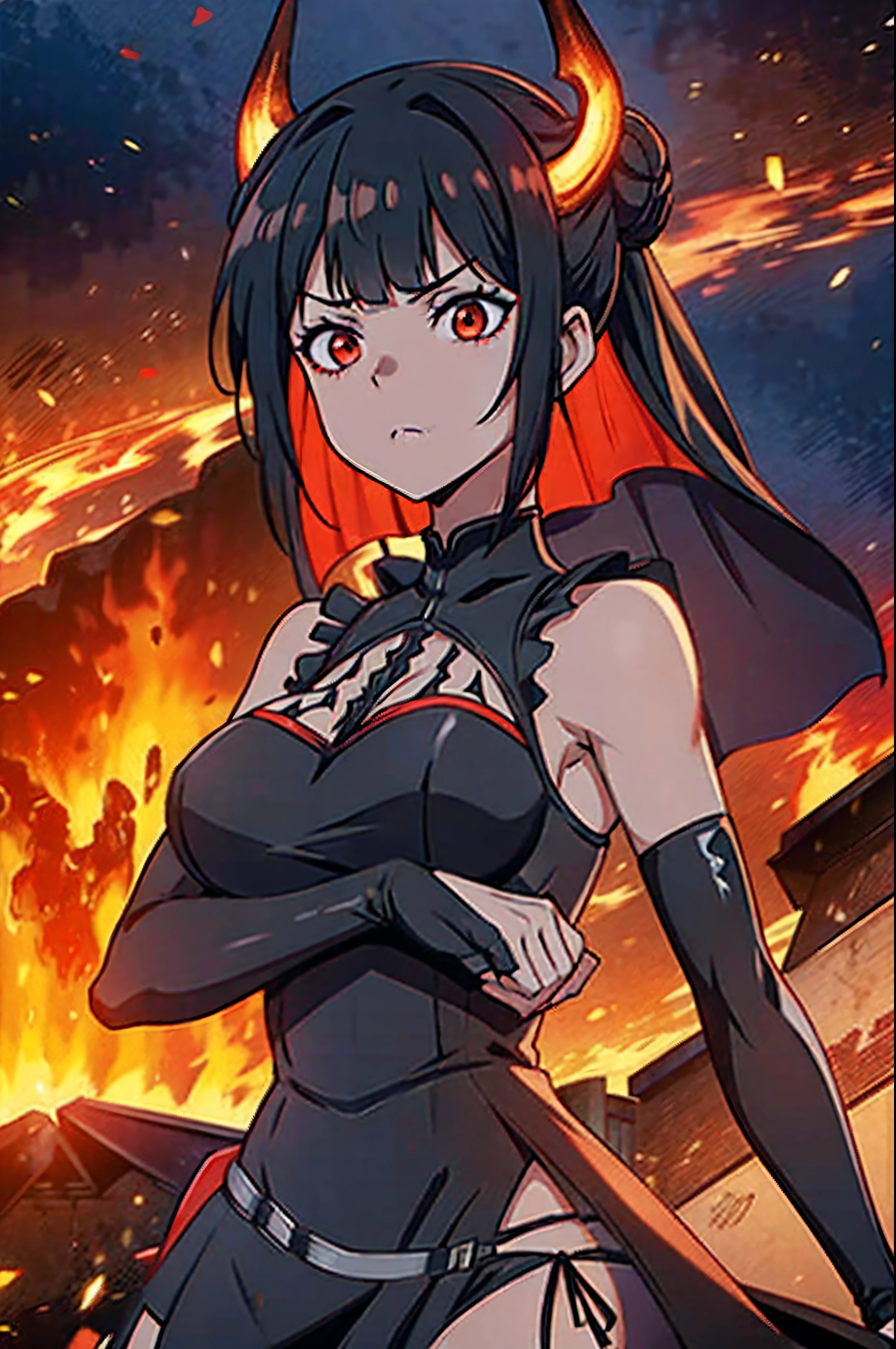 1 girl, demon girl, solo, black hair, short straight hair, gloves, bun updo, side bangs, long horns, ultra detailed red and black eyes, slit_pupils, very large breasts, gothic dress,ultra detailed sleeveless gothic dress, light gothic dress, skirtless gothic dress, gothic cathedral, glowing flames surrounding the girl, inner room of a cathedral, room is on fire, exuding flames from eyes, dim lighting, warm colours, hat with veil, beautiful pose, serious expression