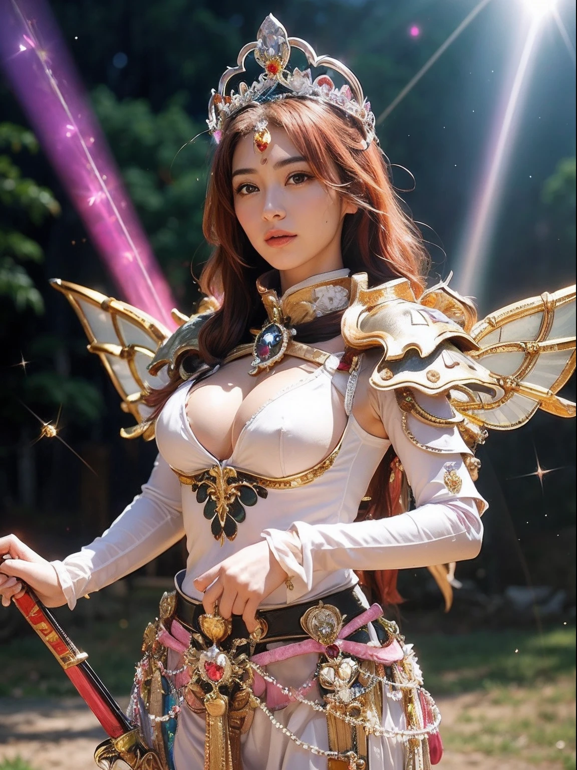 (A smile), Professional , masterpiece、top-quality、photos realistic , depth of fields (Gemstone White Metal Body:1.9),(Matte White Pink、Jewel Gold Weapon、(Gorgeous castle background)、(ultimate beauty girl)、(Rainbow fairy wings grow)、Particles of light、(Metal body of iridescent gemstones:1.9),Gorgeous Jewel Metal Weapons ,(maikurobikini)、 Detailed Sword of the Brave ,( Pink hair) ,warhammer 40k , adepta sororitas,Detail and ornate jewel crown、独奏、Brown hair、Mystical expression、cleavage of the breast、(Gangle's forest background)、Beautiful Caucasian beauty、1a person、dynamic ungle,(((Diamond tiara with detail and luxury)))、a small face、Powerful poses、(Gorgeous castle background)、huge filesize、20 year old beautiful woman、Stand in the center of the screen、Thin female fingers、Straight long hair、Beautiful Caucasian beauty、(maikurobikini)、Hair fluttering in the wind、Look at viewers、(Armpit)、Toostock、