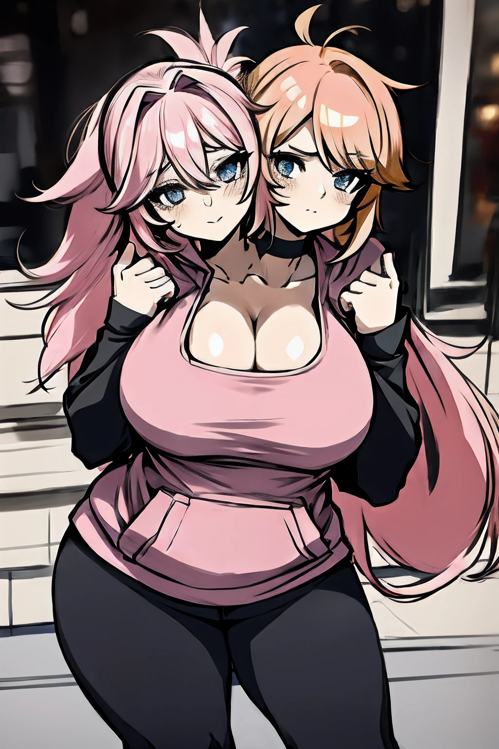 2heads, a short fat woman with 2 heads. She has extremely massive breasts. She looks young. She is wearing a hoodie and leggings. She has pink messy hair in a short ponytail. She is outside in a city during a sunny day. She has gigantic breasts. She is extremely short. She looks chubby. Deep cleavage.