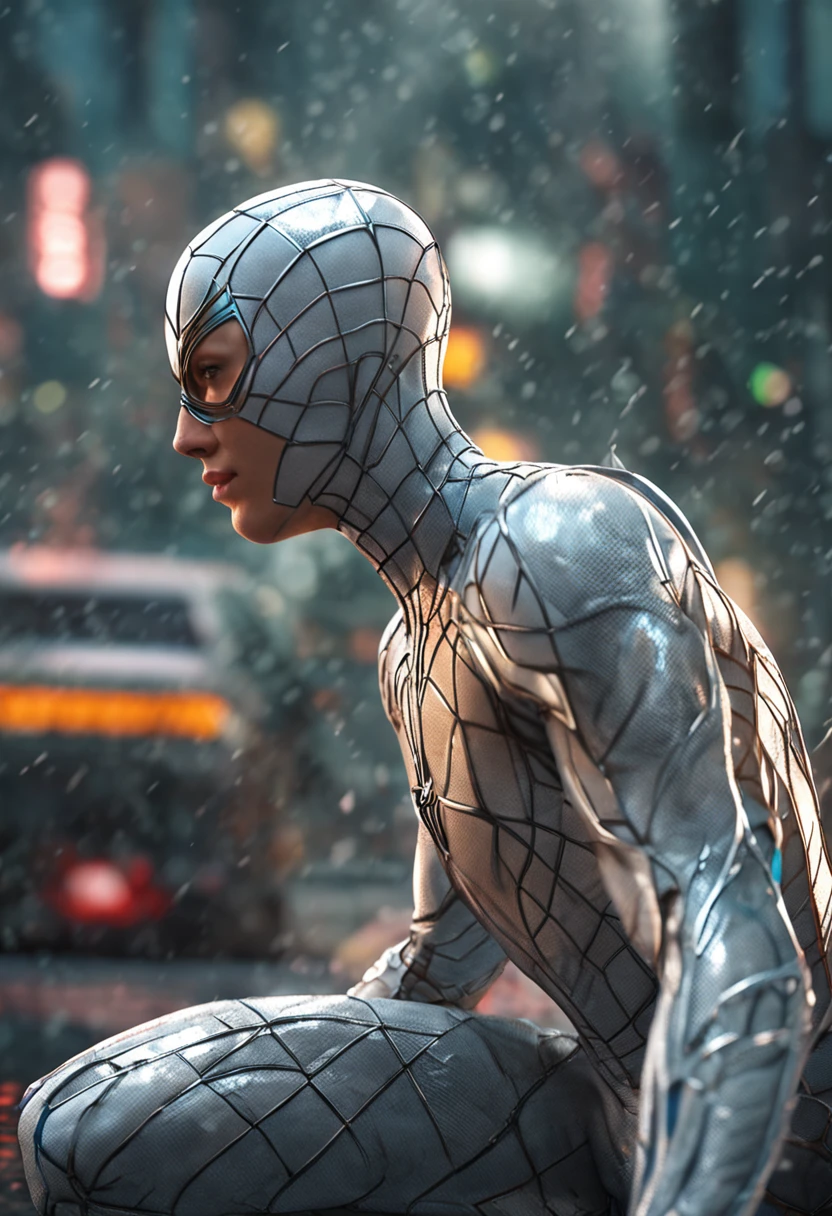 18 yo girl, white spider man suit, short blunt hair, blonde, beautiful face, rain, masterpiece, intricate detail, perfect anatomy, ass focus, arch back,