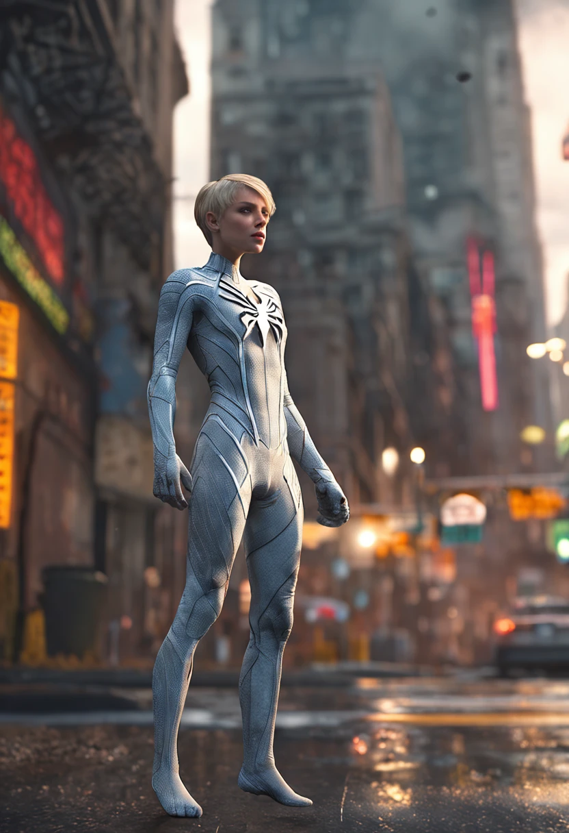 18 yo girl, white spider man suit, short blunt hair, blonde, beautiful face, rain, masterpiece, intricate detail, perfect anatomy, ass focus, arch back,