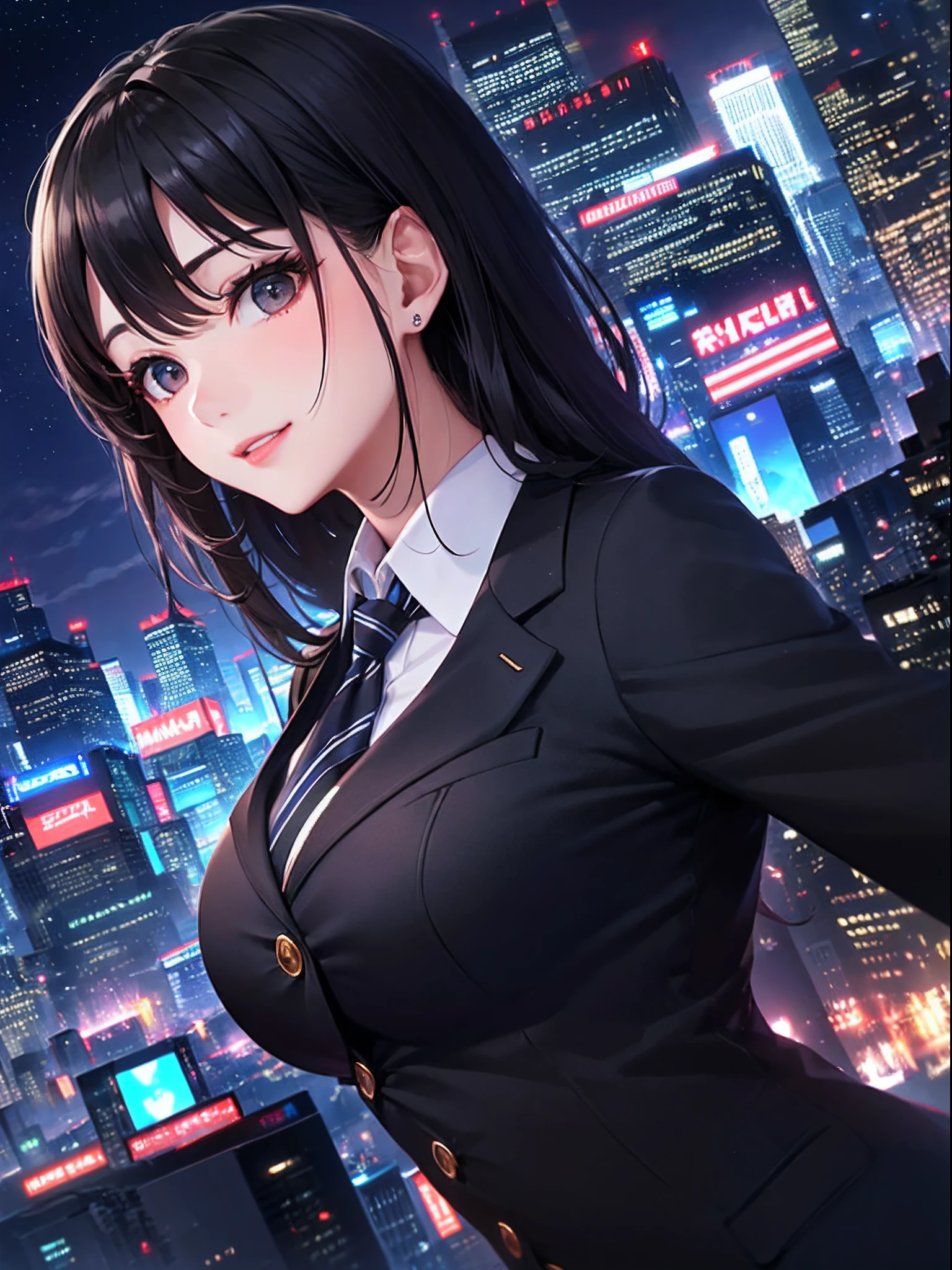 masutepiece、Best Quality、Illustration、 ultra-detailliert、hight resolution、8K Wallpapers、Perfect dynamic composition,、Beautiful detailed eyes、White collared shirt、neck tie、(Black suit jacket:1.3)、(Black suit pants:1.3)、Medium Hair、A dark-haired、(Beautiful Large Breasts:1.3)、Natural Color Lip、Bold sexy poses、Smile、Harajuku、20 years girl、Cute、Beautiful sister、Sexy shot looking at camera、night skyscraper