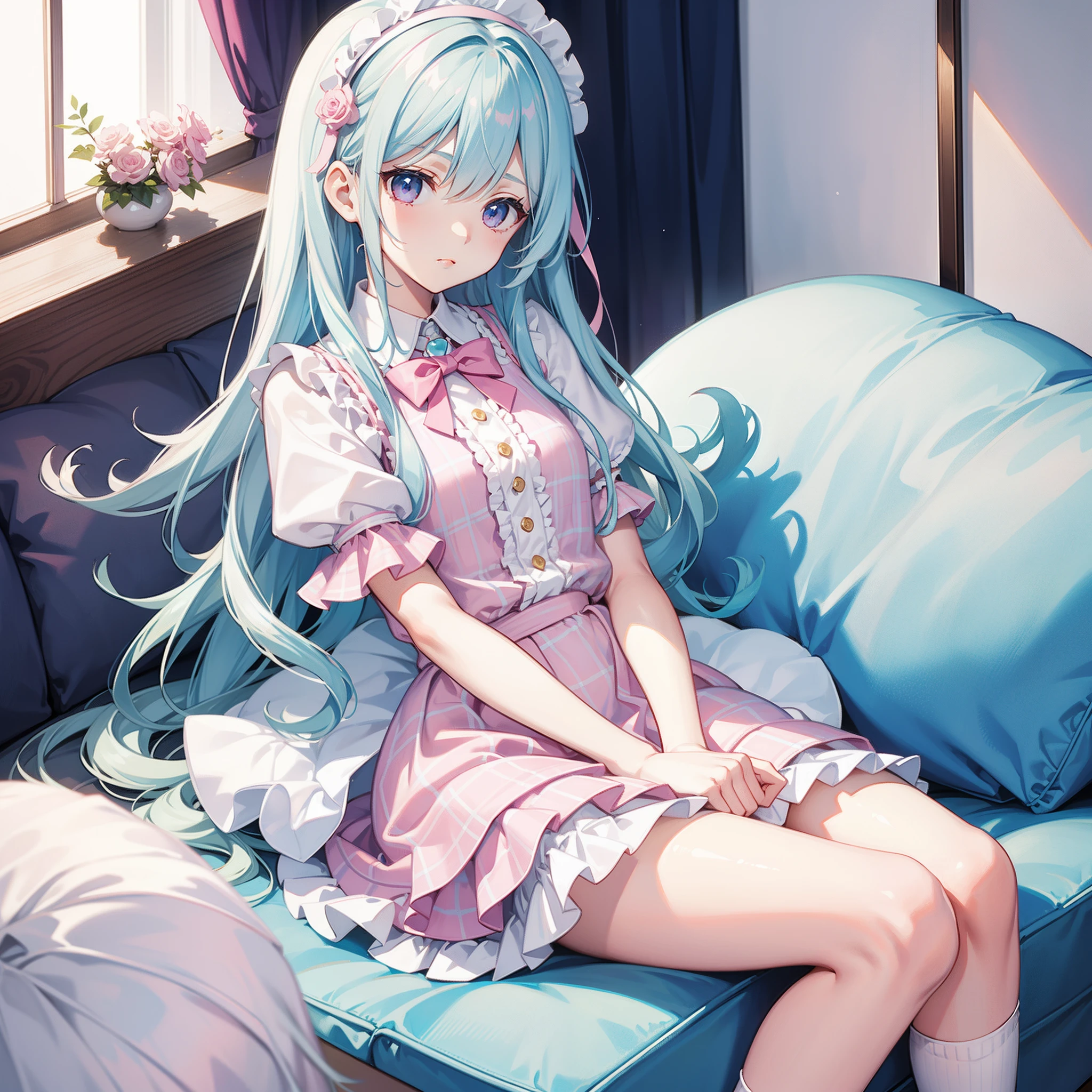 long blue hair,Pink eyes,adorable expression,Pink and white plaid short sleeves,White fluffy skirt,white stockings,Sit on a soft cushion,tilts your head