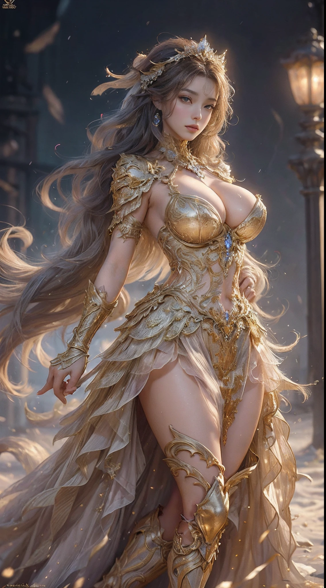 Woman in a golden transparent dress, (((Huge breasts, Large cleavage))),Slim waist,True Art Station, Rainstorm site, detailed fantasy art, Stunning character art, Beautiful and exquisite character art, Beautiful golden armor, Extremely detailed, Girl in shiny armor, Exquisite tiaras and jewelry, Full body capture,