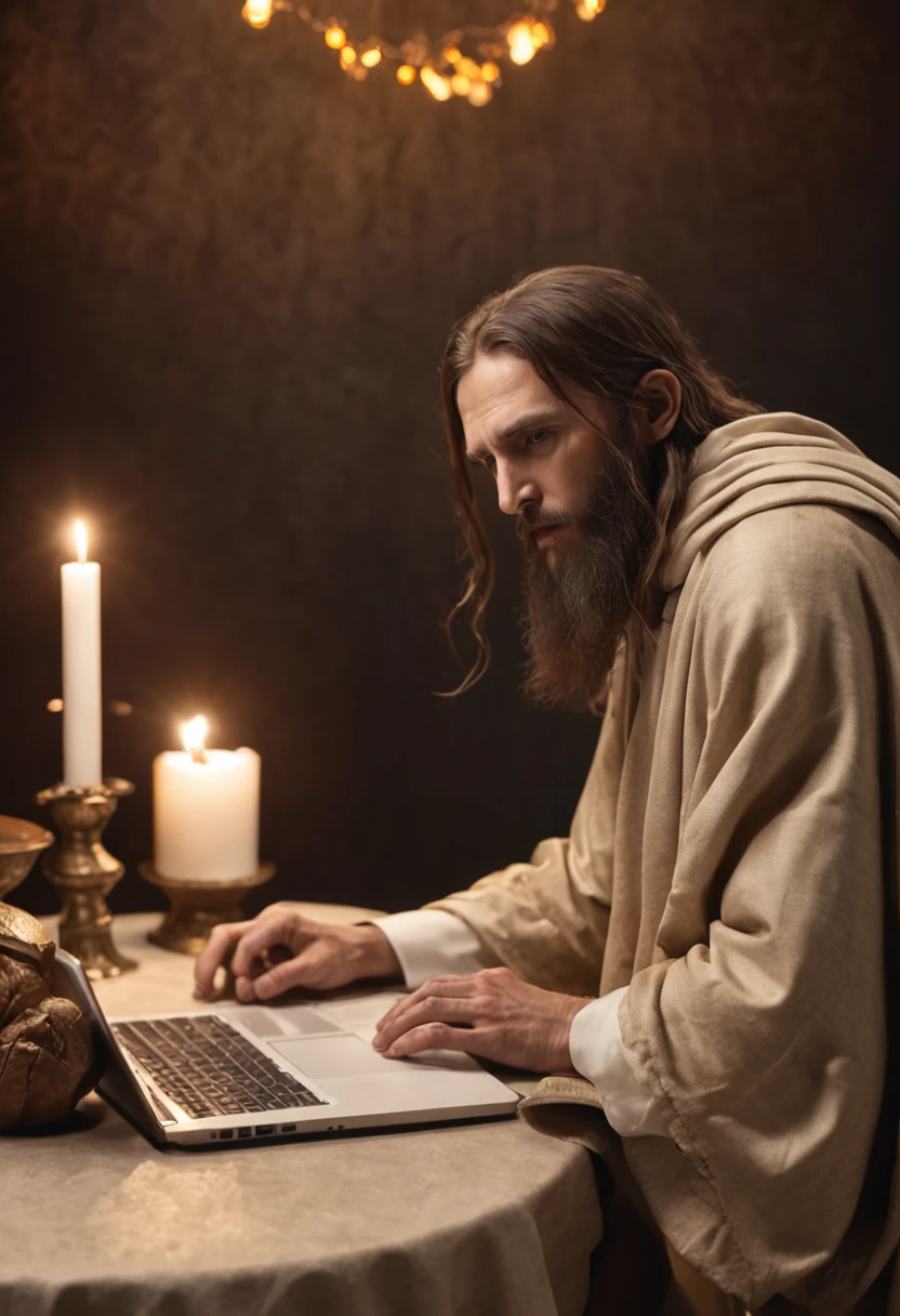 a cnceitual image of a scene in which Jesus Christ would be a graphic designer and was creating a project in photoshop using a laptop(computador PC ou notebook) Modern at the table of Holy Communion surrounded by the 12 apostles impressed with their work, hand drawing, estilo rascunho, rico em detalhes.