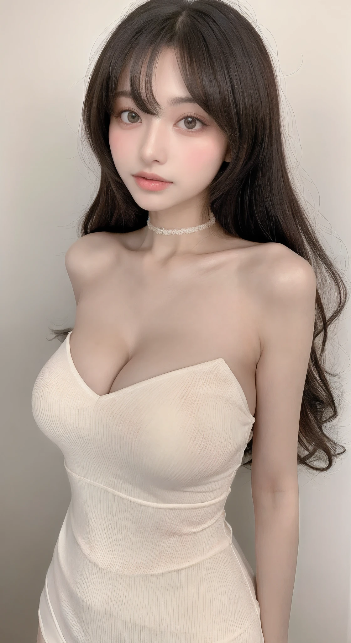 perfect figure beautiful woman:1.4,Layered Hair Style,Protruding cleavage:1.2,Tight bandeau,Highly Detailed Face and Skin Textur,Narrow eyes,二重まぶた,Whitens the skin,long whitr hair,Magic wand