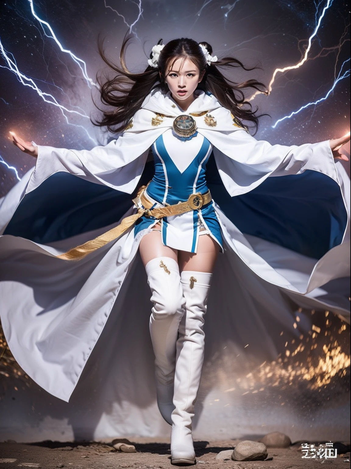 Nature guardian typhoon woman wearing typhoon symbol uniform，White cloak, Long white gloves on his hands, Wear white knee-length boots on her feet, Stand in a typhoon and release energy to shoot full body