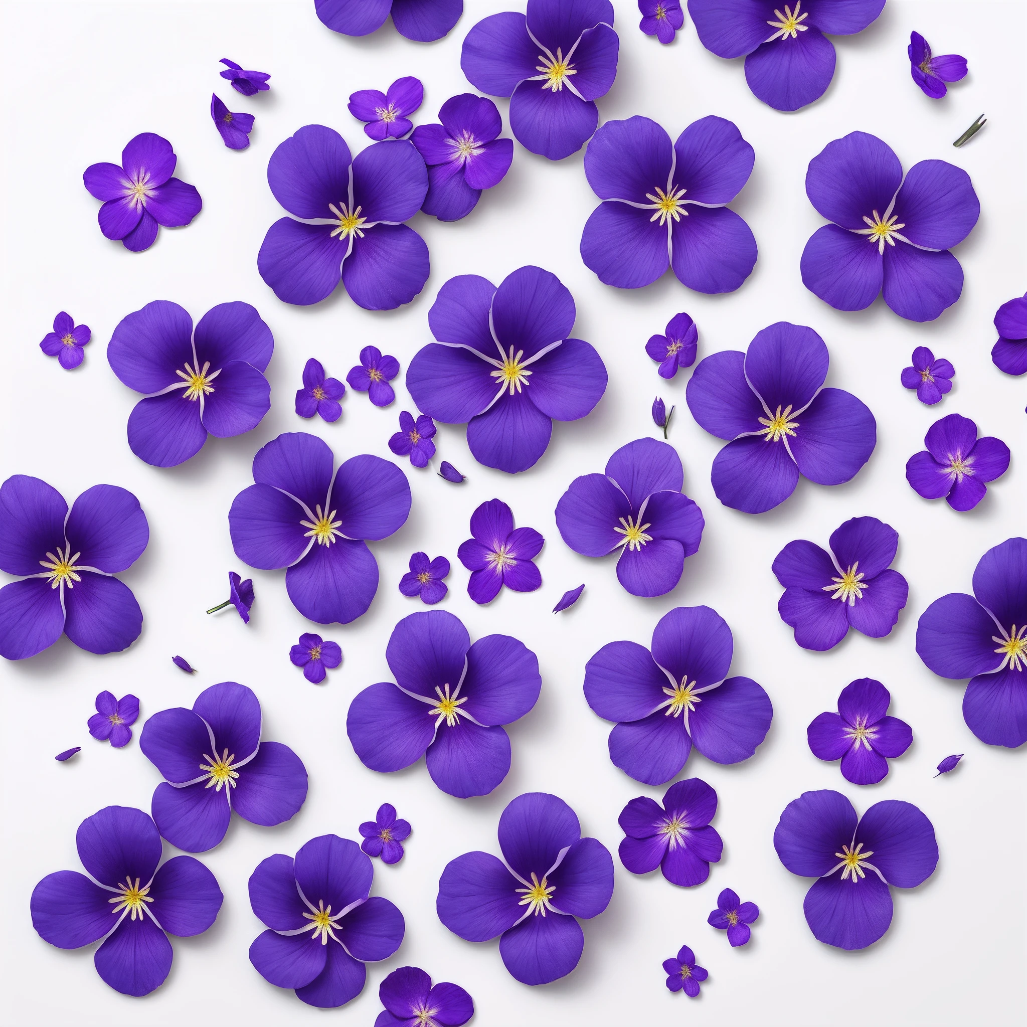 Violet flowers small natural petals spread randomly on
super white material background, realistic , 8k bright image, super resolution
