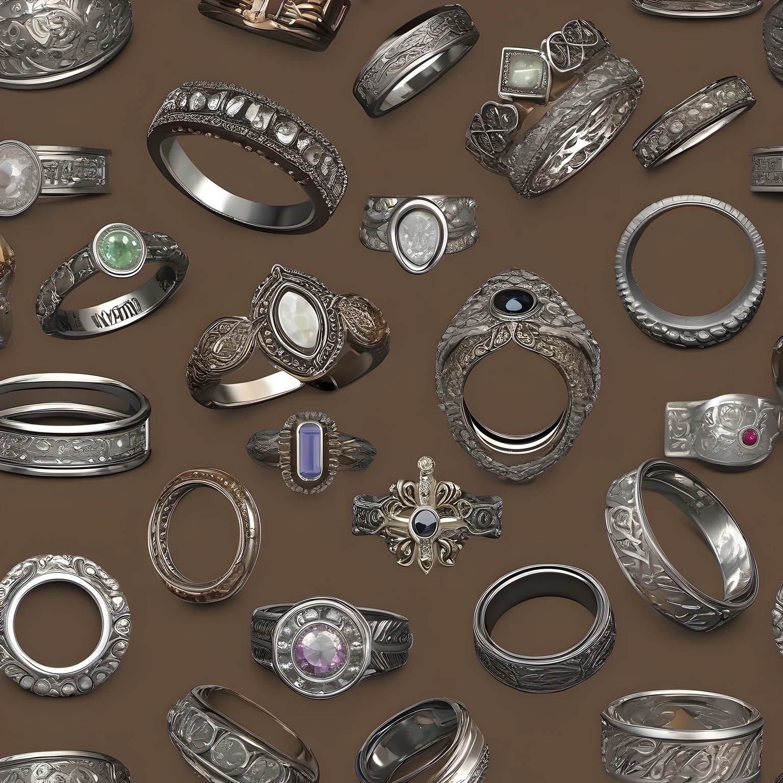 A collection of various rings with different shapes, sizes, colors, and materials. The rings are neatly arranged on a brown background in a knolling style, creating a contrast between the circular and rectangular shapes. The rings have intricate designs and some of them have gemstones or symbols on them. The image has a fantasy theme and a high resolution with ultra detailed textures and dynamic lighting., (realistic, 8k, masterpiece)