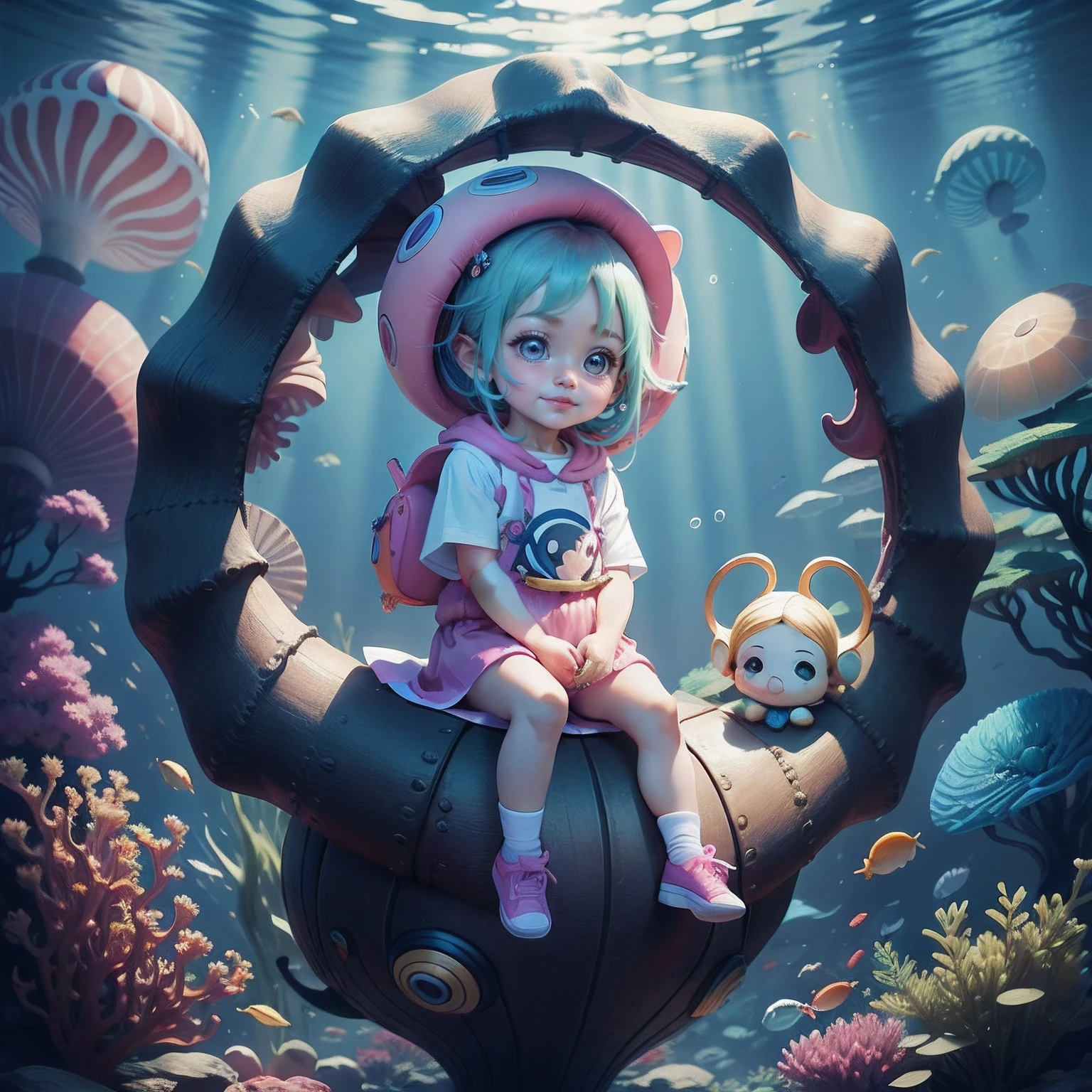 Cute chibi anime, Modern and stylish clothing,Sit on a colorful nautilus,coloured with lots of colour,Underwater world,Nautilus tiara,(Exquisite facial features)(The cutest face)(adorable smile)