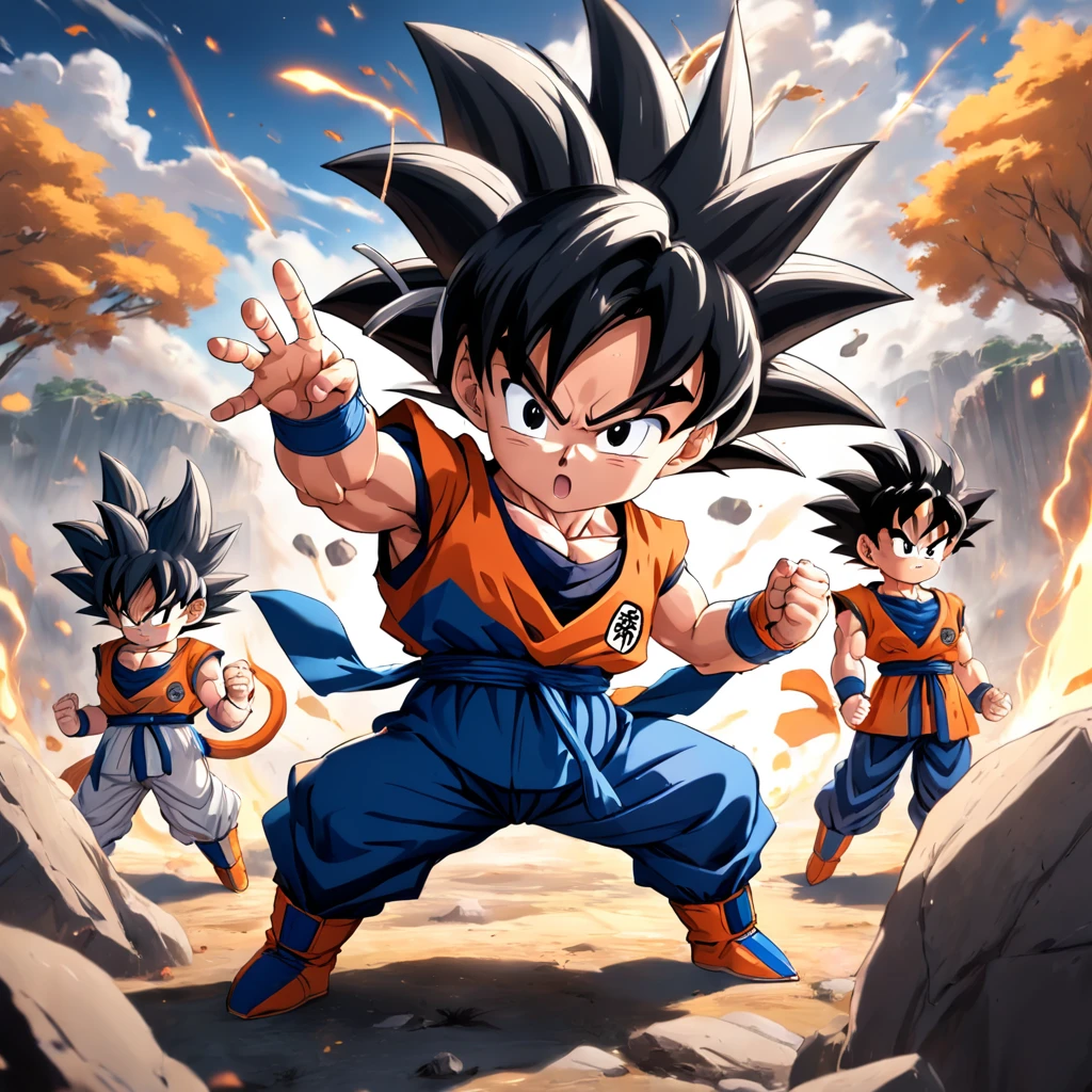 Goku Chibi character in battle pose, on battlefield,With Vedita, E or picolo
