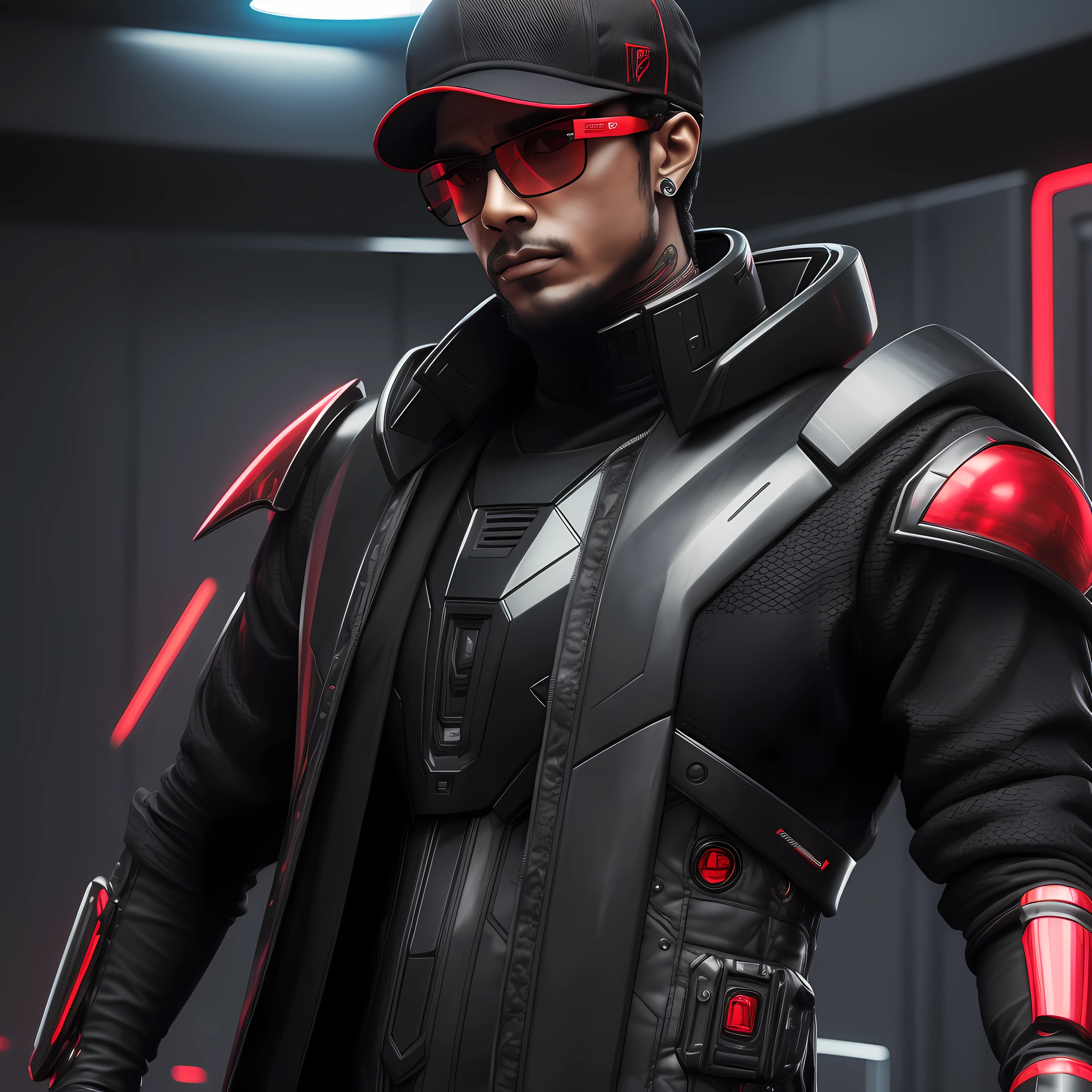 Um homem com traje futurista estilo cyberpunk, traje vermelho e preto com armadura, (((With futuristic style baiseball cap))), (((with futuristic black glasses))) ((autoretrato realista altamente detalhada)), em fundo raios estilo abstrato, em cores vivas, cores vibrantes