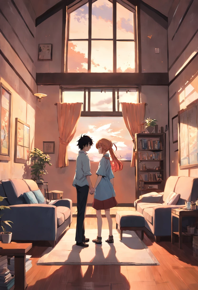 anime - style illustration of a man and woman holding hands in a living room, an anime drawing inspired by Tomioka Tessai, pixiv contest winner, serial art, in anime style, in an anime style, high quality fanart, lovely couple, official fanart, in the art style of 8 0 s anime, fiona staples and makoto shinkai