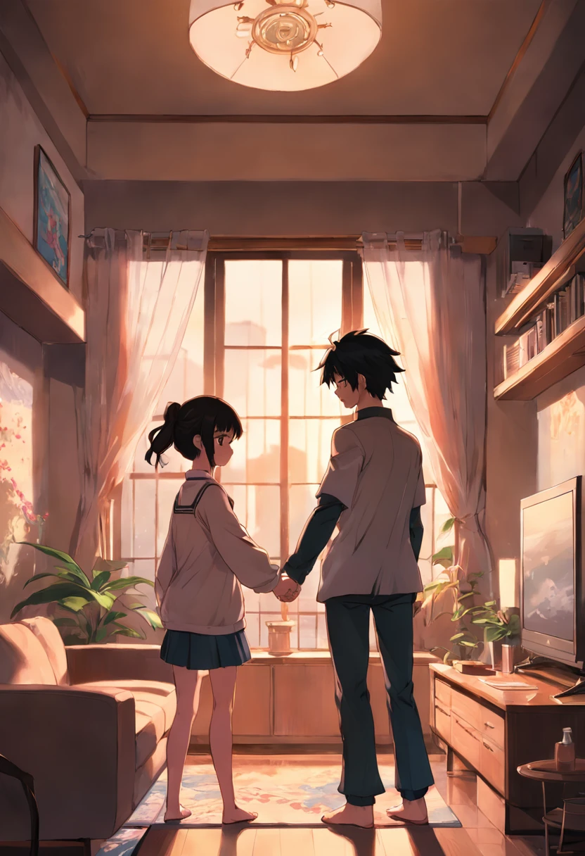 anime - style illustration of a man and woman holding hands in a living room, an anime drawing inspired by Tomioka Tessai, pixiv contest winner, serial art, in anime style, in an anime style, high quality fanart, lovely couple, official fanart, in the art style of 8 0 s anime, fiona staples and makoto shinkai