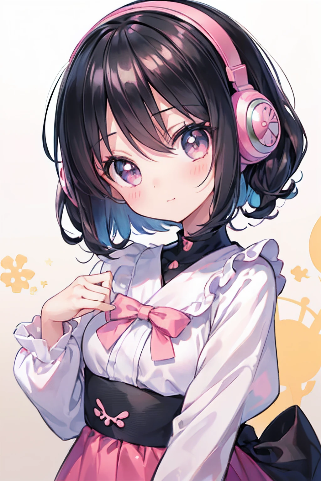 ((masutepiece)), ((Best Quality)), (Ultra-detailed), ((kawaii)), Cute, (lovely), Upper body, Focus on face0, Cute little girl s, 1girl in, Solo, Beautiful black hair, Beautiful black eyes, (Big eyes),((Beautiful eyes)), head phone, lightsmile