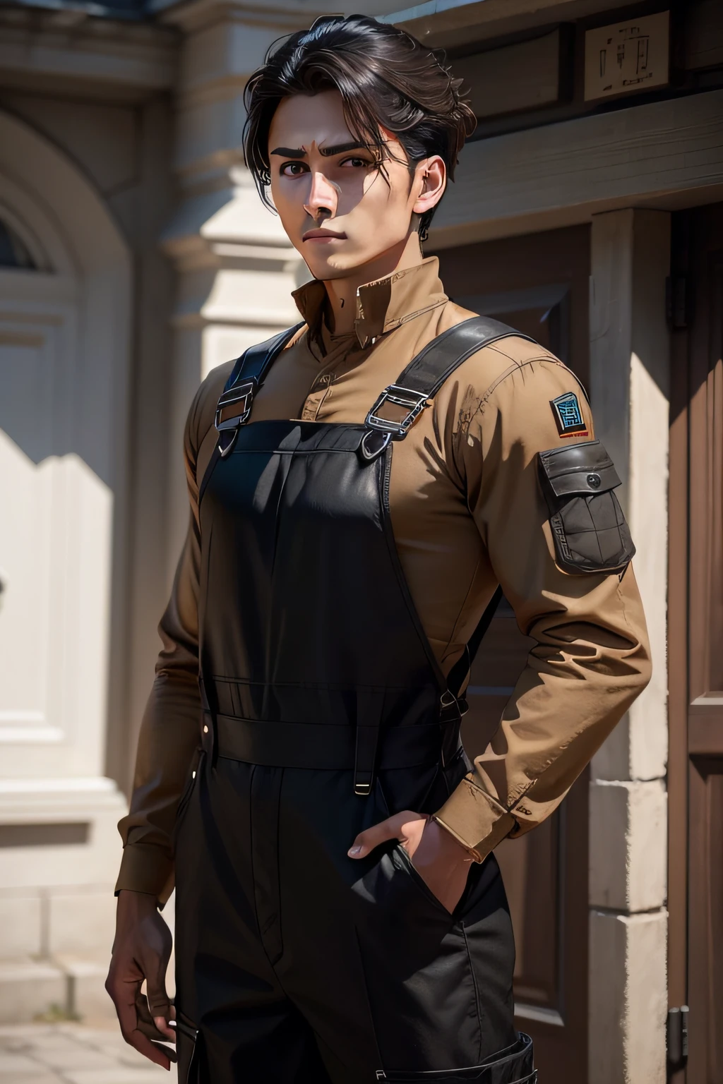 A guard wearing black overalls and a brown shirt,dressed in armor
