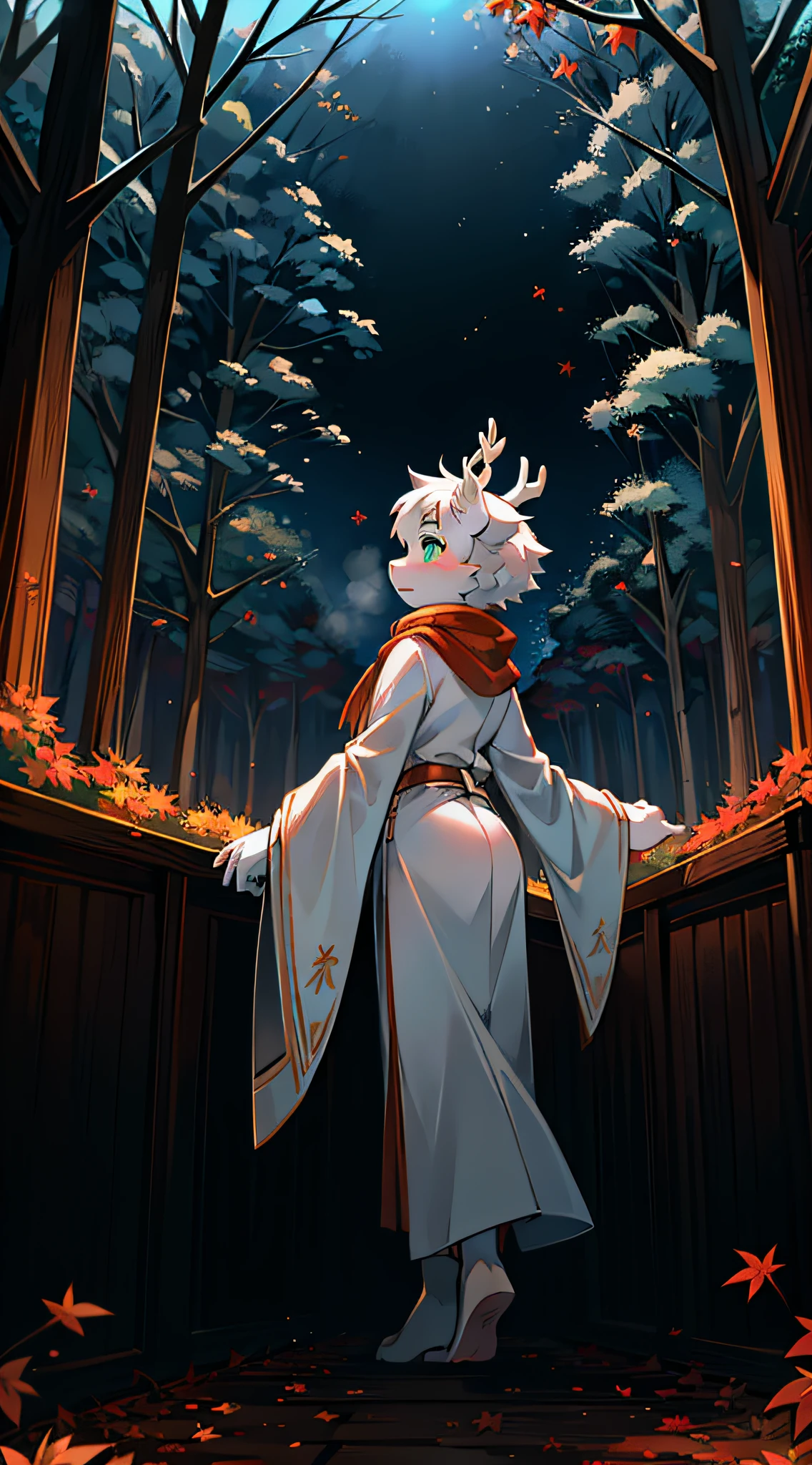 A white deer,In the maple forest,maple trees,Falling maple leaves,Shota,adolable,facing away from the audience,A maple leaf fell on his hand,hands out,back to look back,long white robe,orange scarf,Flowing scarf,flowing robe,brightly,nebulous sky,Green eyes,In the daytime,Morning mist