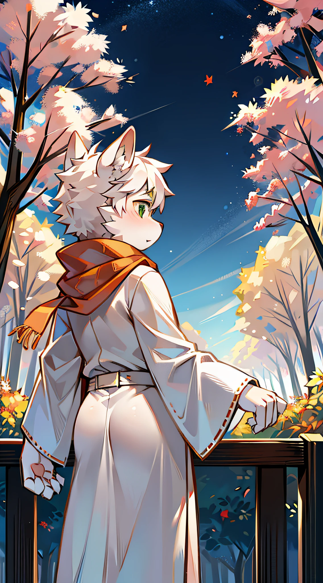 A white deer,In the maple forest,maple trees,Falling maple leaves,Shota,adolable,facing away from the audience,A maple leaf fell on his hand,hands out,back to look back,long white robe,orange scarf,Flowing scarf,flowing robe,brightly,nebulous sky,Green eyes,In the daytime,in the early morning,Morning mist