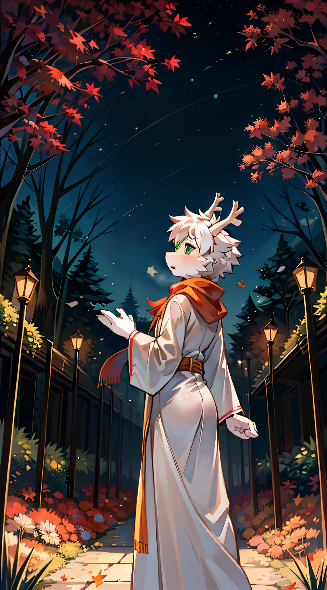 A white deer,In the maple forest,maple trees,Falling maple leaves,Shota,adolable,facing away from the audience,A maple leaf fell on his hand,hands out,back to look back,long white robe,orange scarf,Flowing scarf,flowing robe,brightly,nebulous sky,Green eyes,In the daytime,in the early morning,Morning mist