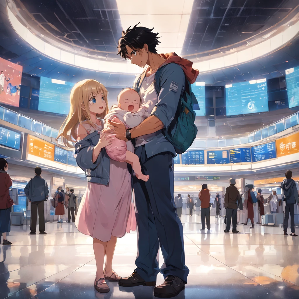 girl holding a 1-month-old baby girl, standing next to the boy, both of them are beautiful, standing at the airport, wishing joy, happiness, lifelong love.