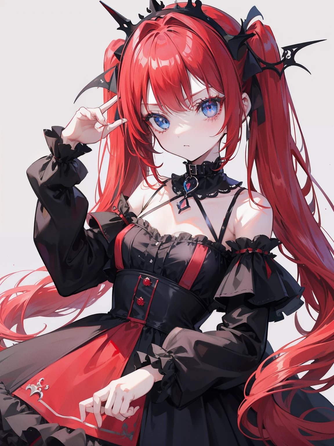 Red hair, Blue eyes, twintails, Goth Lolita, Darkgoth, Collar,Crown tiara,pride,solo,loli,Long hair,{{best quality}}, {{masterpiece}}, {{ultra-detailed}}, {illustration}, {detailed light}, {an extremely delicate and beautiful},little girl,cute,