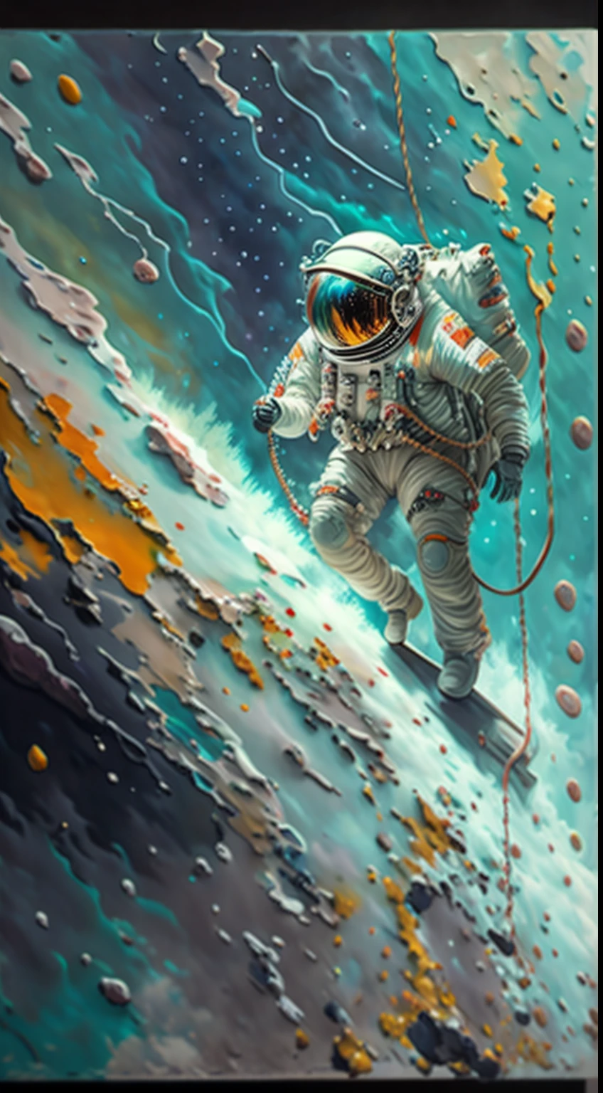 astronaut, climbing the asteroid, character render, ultra high quality model, ethereal background, abstract beauty, explosive volumetric, oil painting, heavy strokes, paint dripping