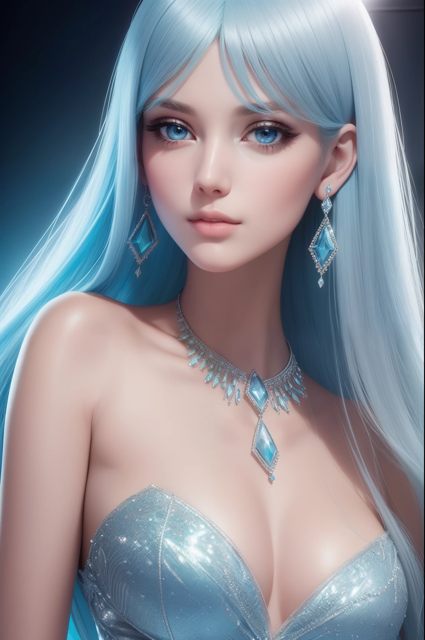ultra detailed beautiful woman, 25 years-old woman, stunningly beautiful, stylish light blue hair, light blue dress, light blue eyes, her whole head is visible with hair, light blue jewel necklace, earrings, light blue eyeshadow visible on her eyelids and eyeliner on her eyes, very long eyelashes, stuningly beautiful face, focus on face, holographic, light particles, ultra detailed illustration, hit definition, very bold and vivid colors, 32k resolution, best quality, volumetric lighting, “best quality”, “masterpiece", half of her body is visible, top of her dress is visible, ultra realistic, high-quality detail