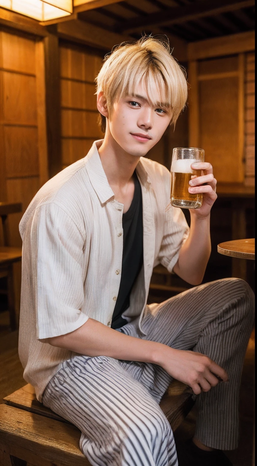 4K、top-quality、masutepiece、20-year-old male living in Japan、a blond、a handsome、Sit down and drink beer in a tavern、Looking at the camera