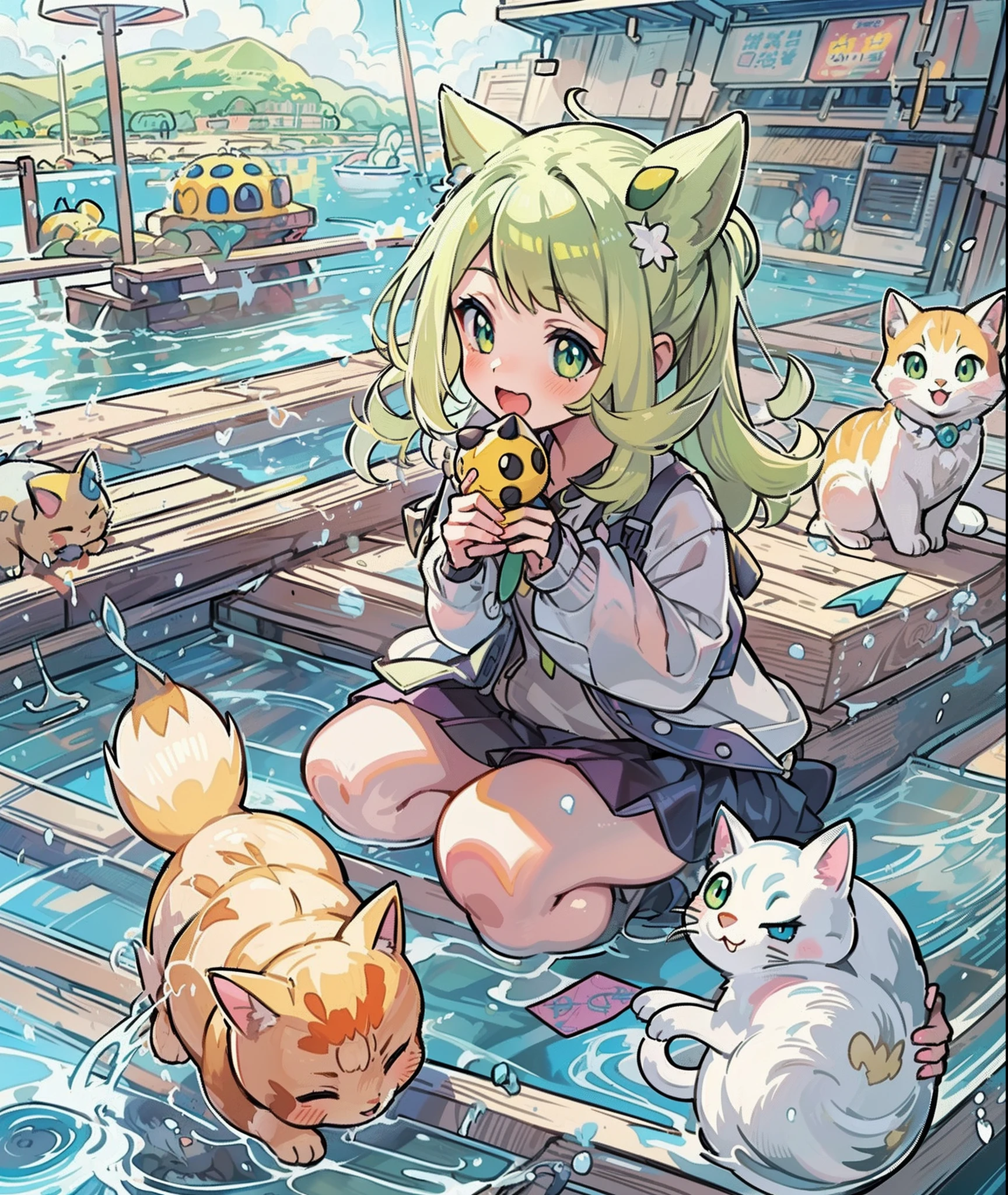 1girl in,A pokémon_The card,(top-quality), (high_quality), (Convoluted_Details), (ultra-detailliert), (illustratio), (Distinct_image),saito_naoki,Seascape、Rainbow View、With cats（（Cute cat１.５））