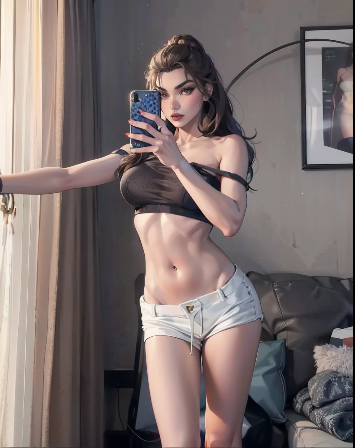 araffe woman taking a selfie in a brown bra top, 2 , photo of slim girl, 18 years old, 21 years old, thin waist, skinny waist and thick hips, 2 3 years oldold female model, 2 7 years old, her bellyexposed, sexy girl, good young girl, sexy body